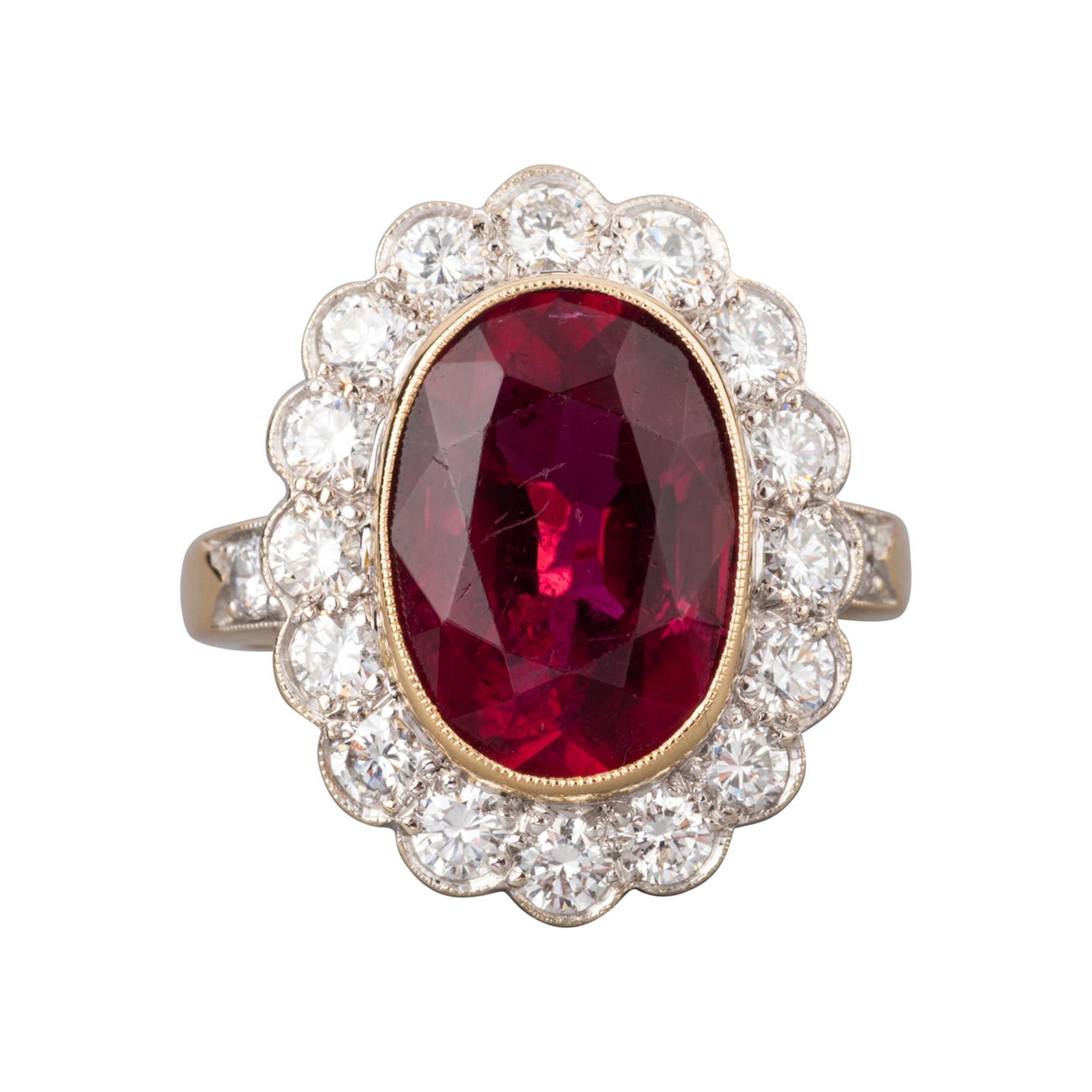 Gold Rubelite and 1.50 Carats Diamonds French Vintage Ring
