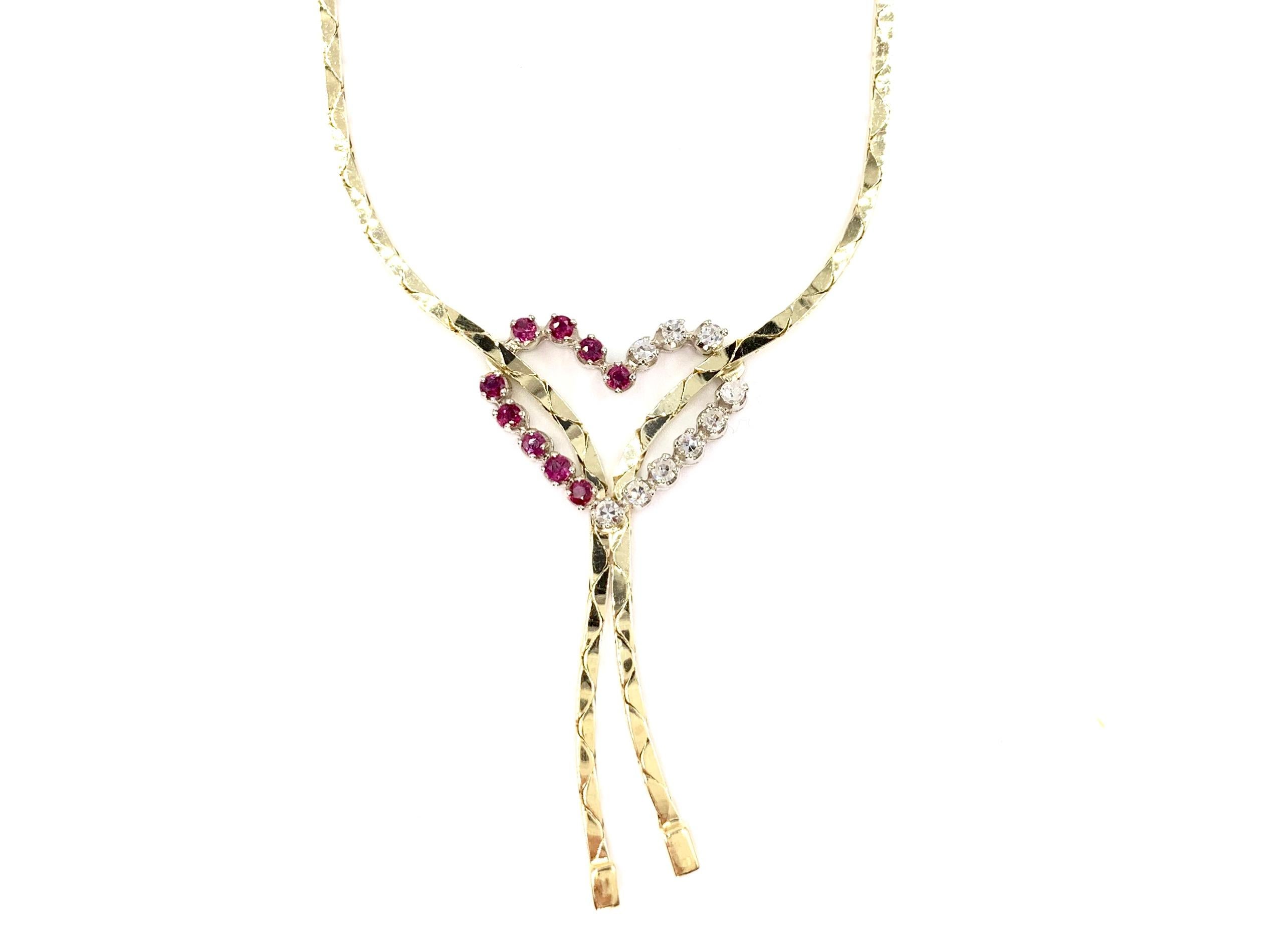 Round Cut Gold Ruby and Diamond Lariat Style Heart Necklace For Sale