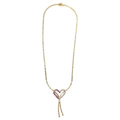 Retro Gold Ruby and Diamond Lariat Style Heart Necklace
