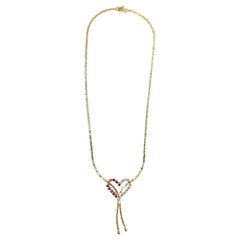 Gold Ruby and Diamond Lariat Style Heart Necklace
