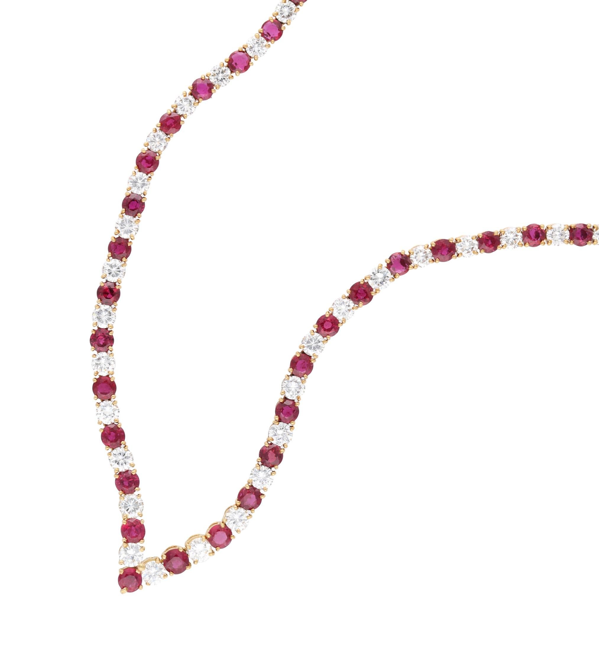 Round Cut Gold, Ruby, and Diamond Necklace For Sale
