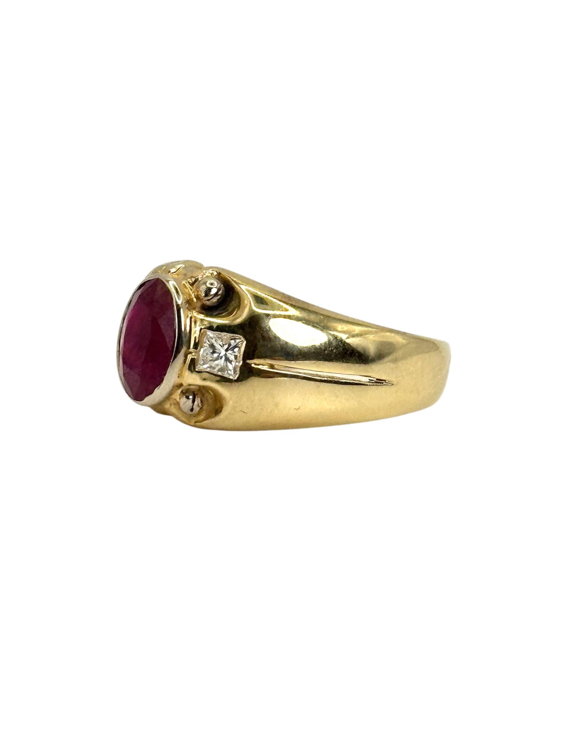 Women's or Men's 14K Yellow Gold Ruby and Diamond Ring For Sale