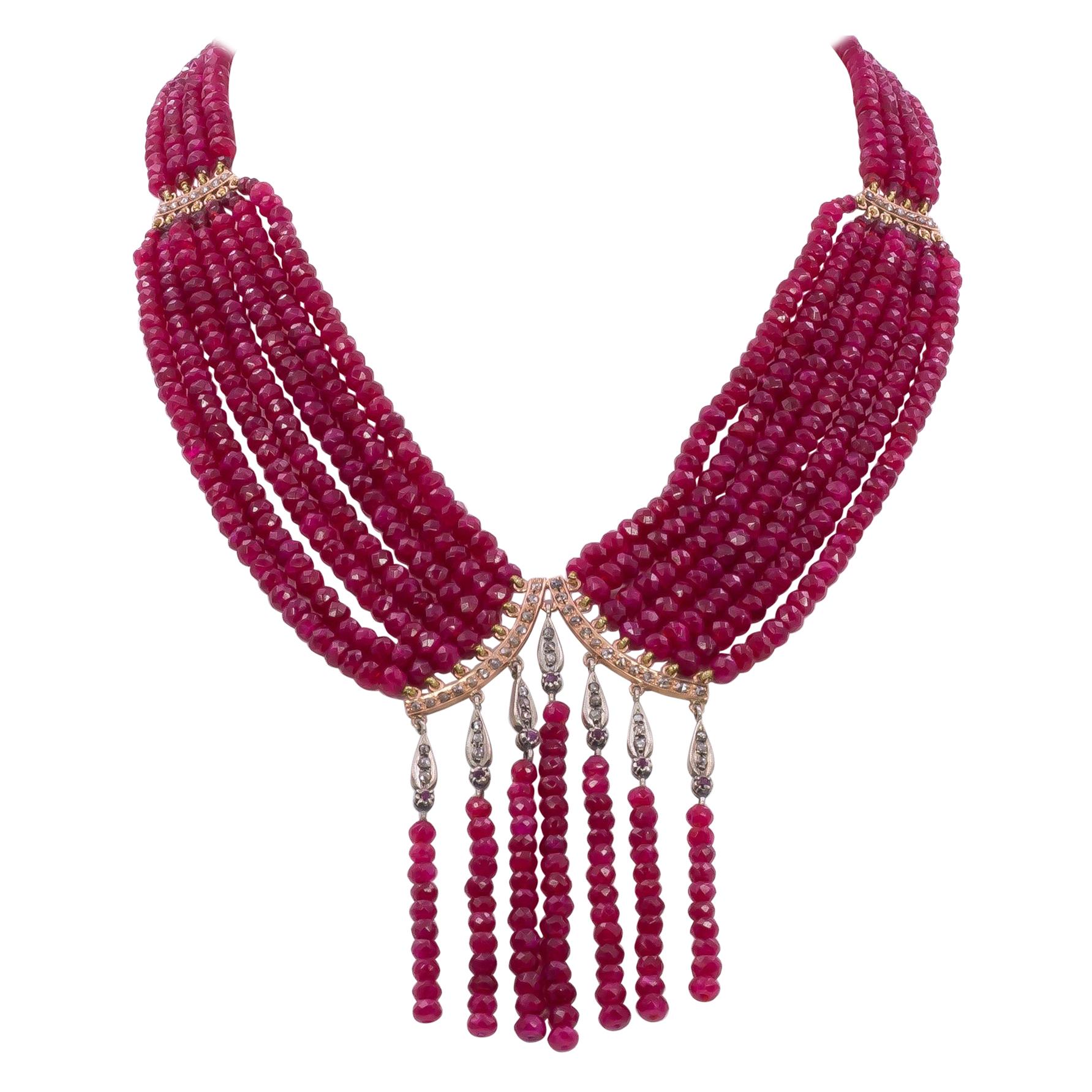 Gold, Ruby and Rose Cut Diamond Necklace For Sale