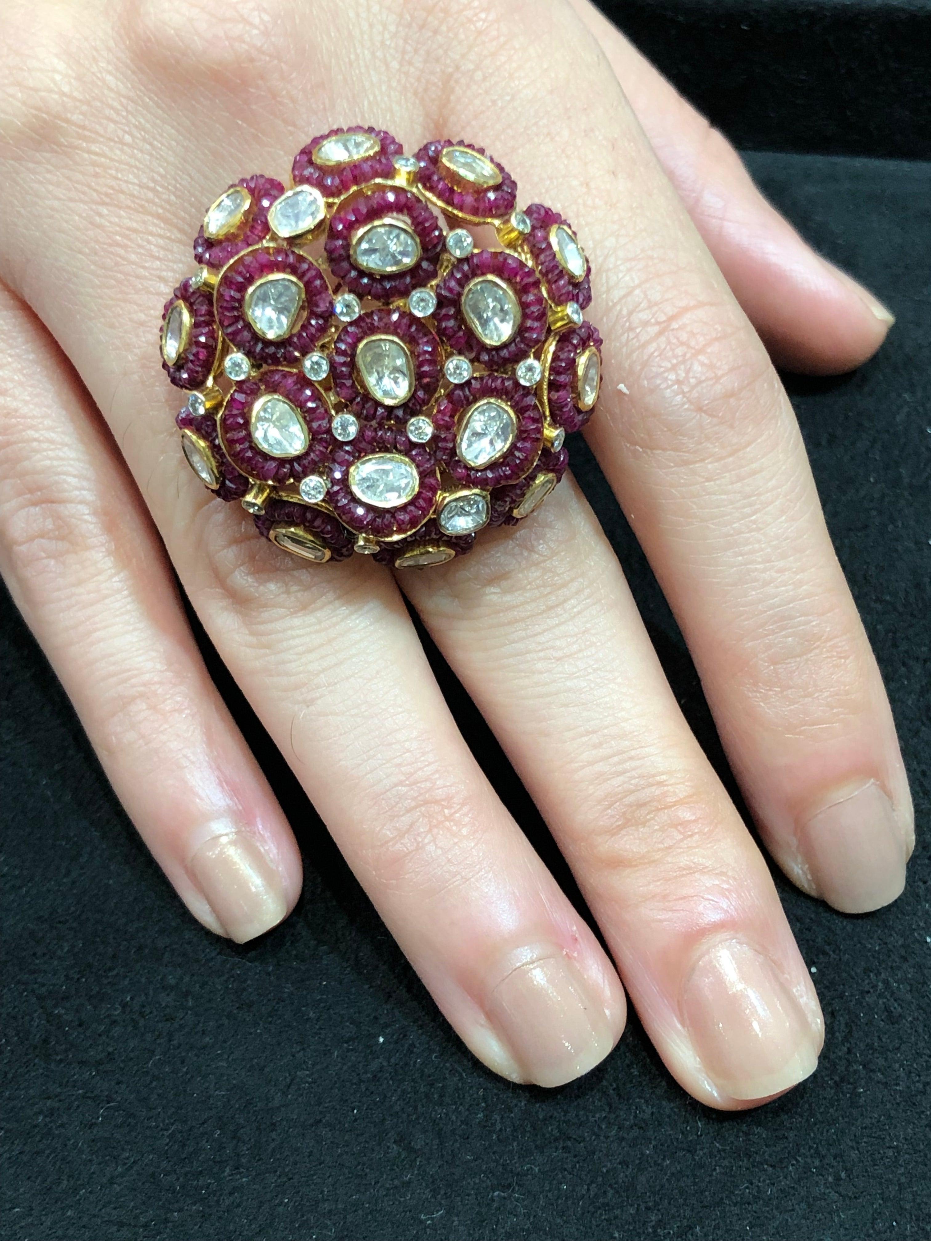 For Sale:  Gold Ruby Beads 18k Gold Uncut Diamond Cocktail Ring 2