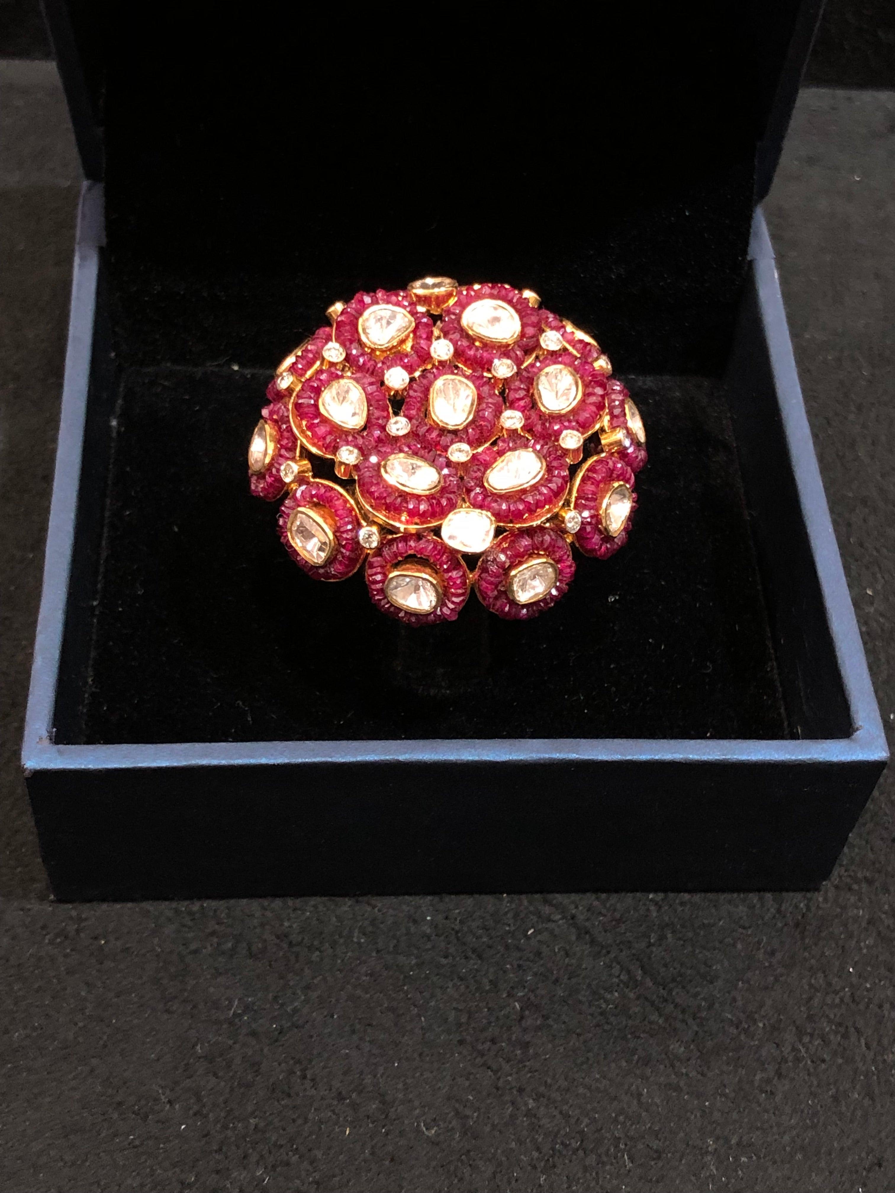 For Sale:  Gold Ruby Beads 18k Gold Uncut Diamond Cocktail Ring 4