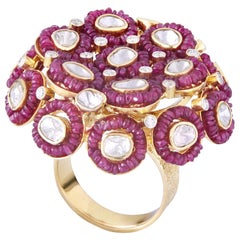 Gold Ruby Beads 18k Gold Uncut Diamond Cocktail Ring