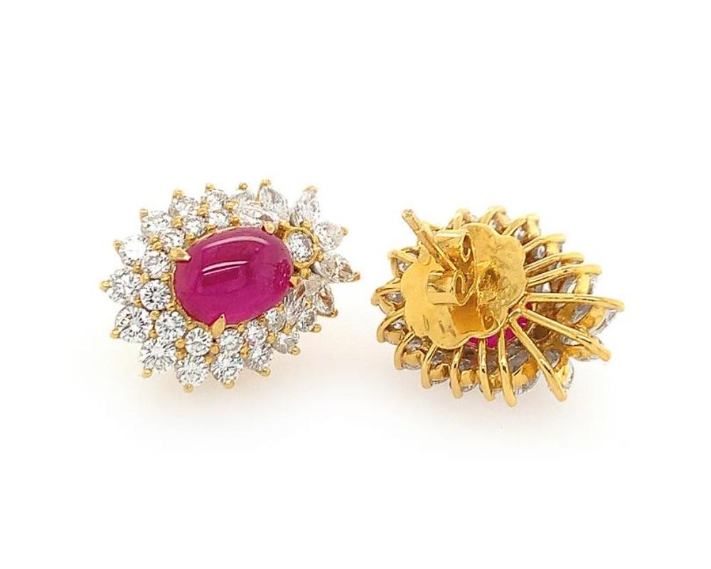 18K Y/gold ruby and diamond earrings. two cab rubies weighing approx. 8.50 cts, RBC diamonds weighing approx. 5.00 cts, FG VS, measures 7/8 x 3/4 inch, weight 8.5 dwt