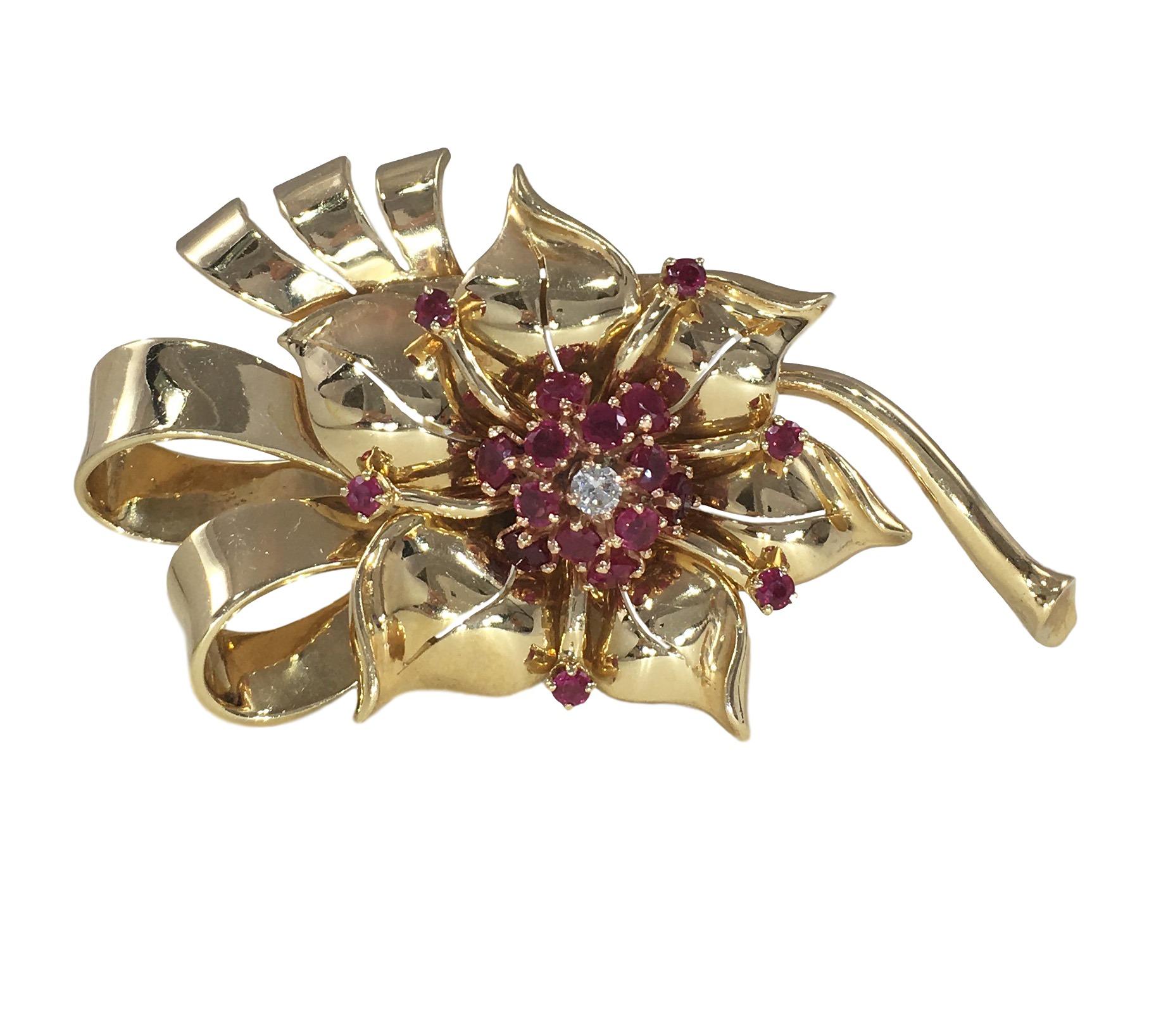 Women's Gold Ruby Diamond Flower Brooch Bangle For Sale
