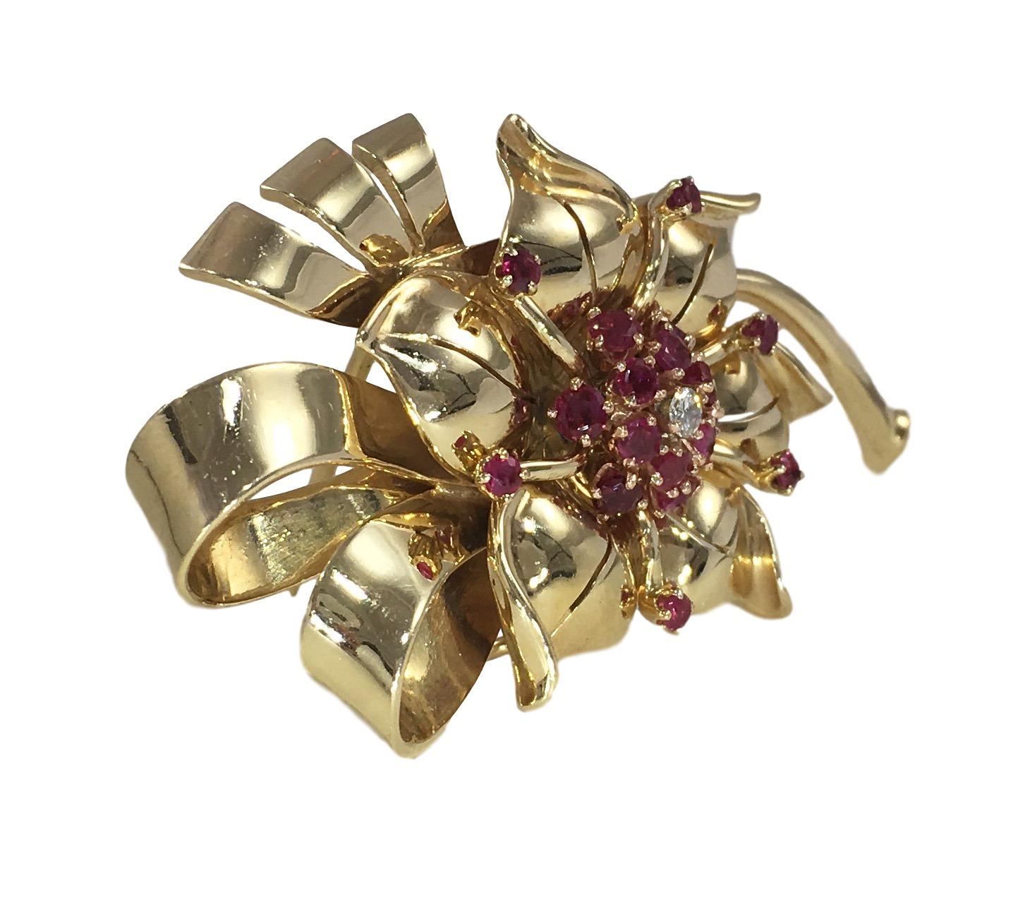 Gold Ruby Diamond Flower Brooch Bangle For Sale 1