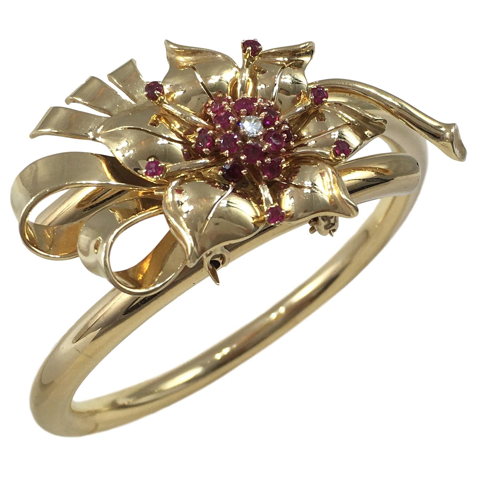 Bracelet jonc fleur en or, rubis et diamants