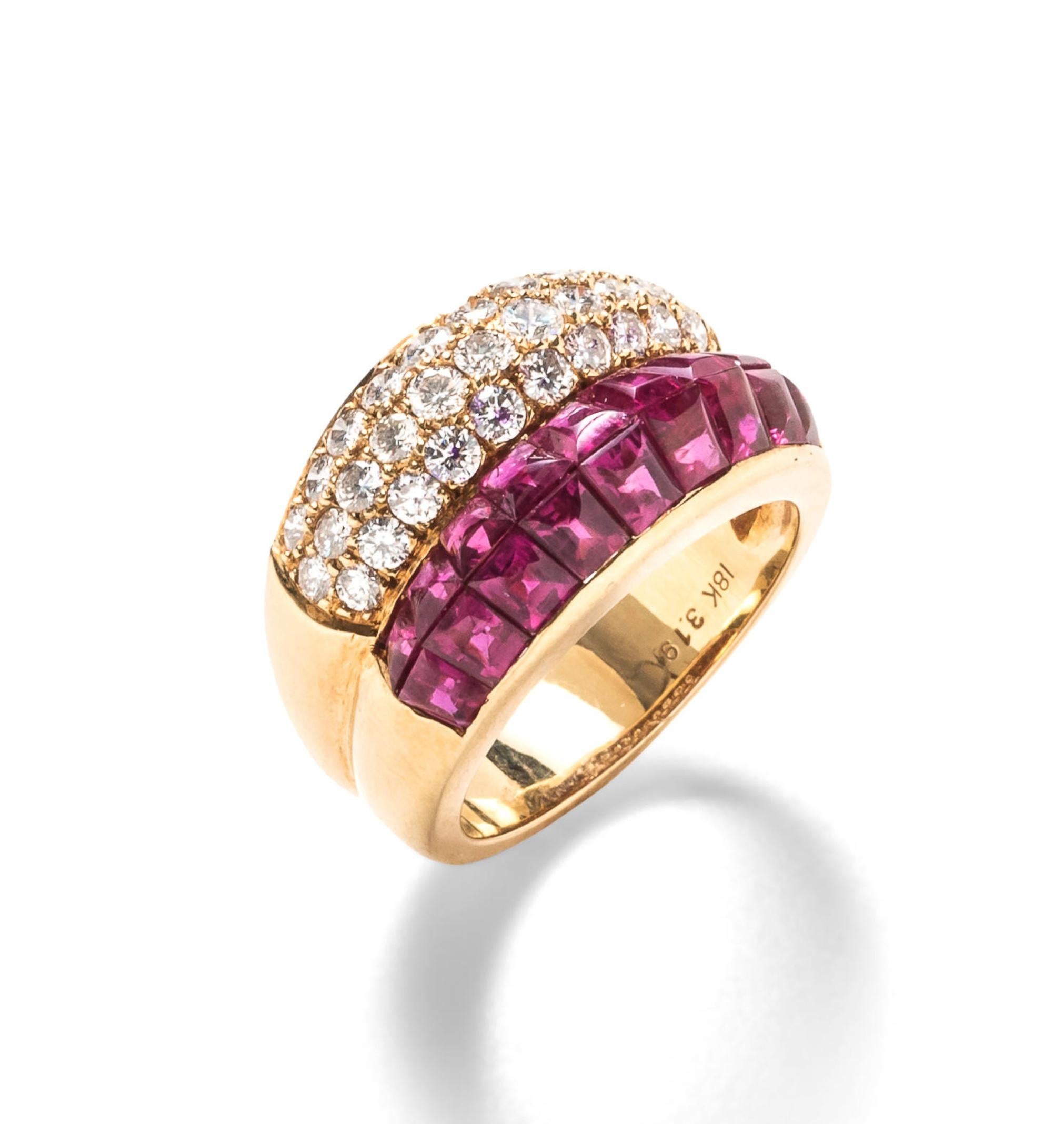 Gold ruby diamond ring 

Channel-set rubies of 3.19 carats, full-cut diamonds of 0.98 carat; 18 karat yellow gold

Size: 6.75 US
Total weight: 13.1 grams 