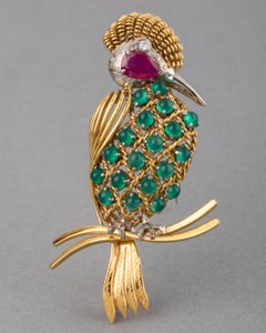 Gold Ruby Diamonds and Agate Vintage Bird Brooch