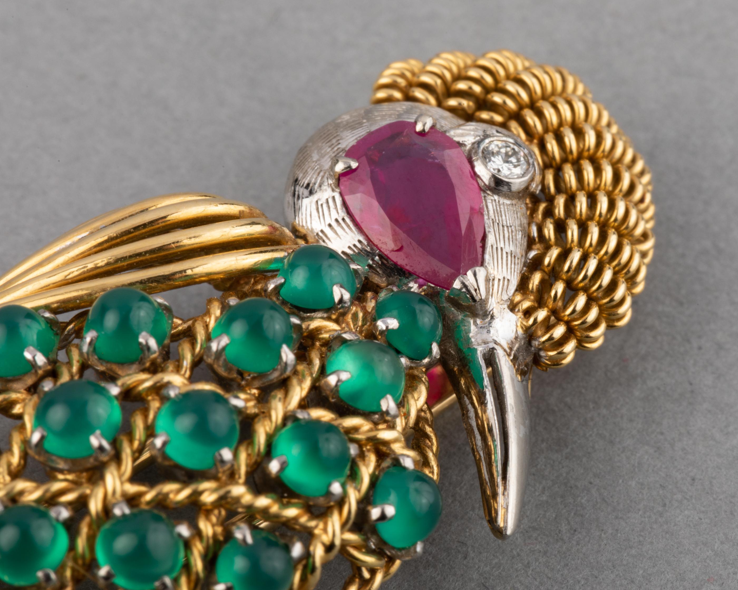 Cabochon Gold Ruby Diamonds and Agate Vintage Bird Brooch