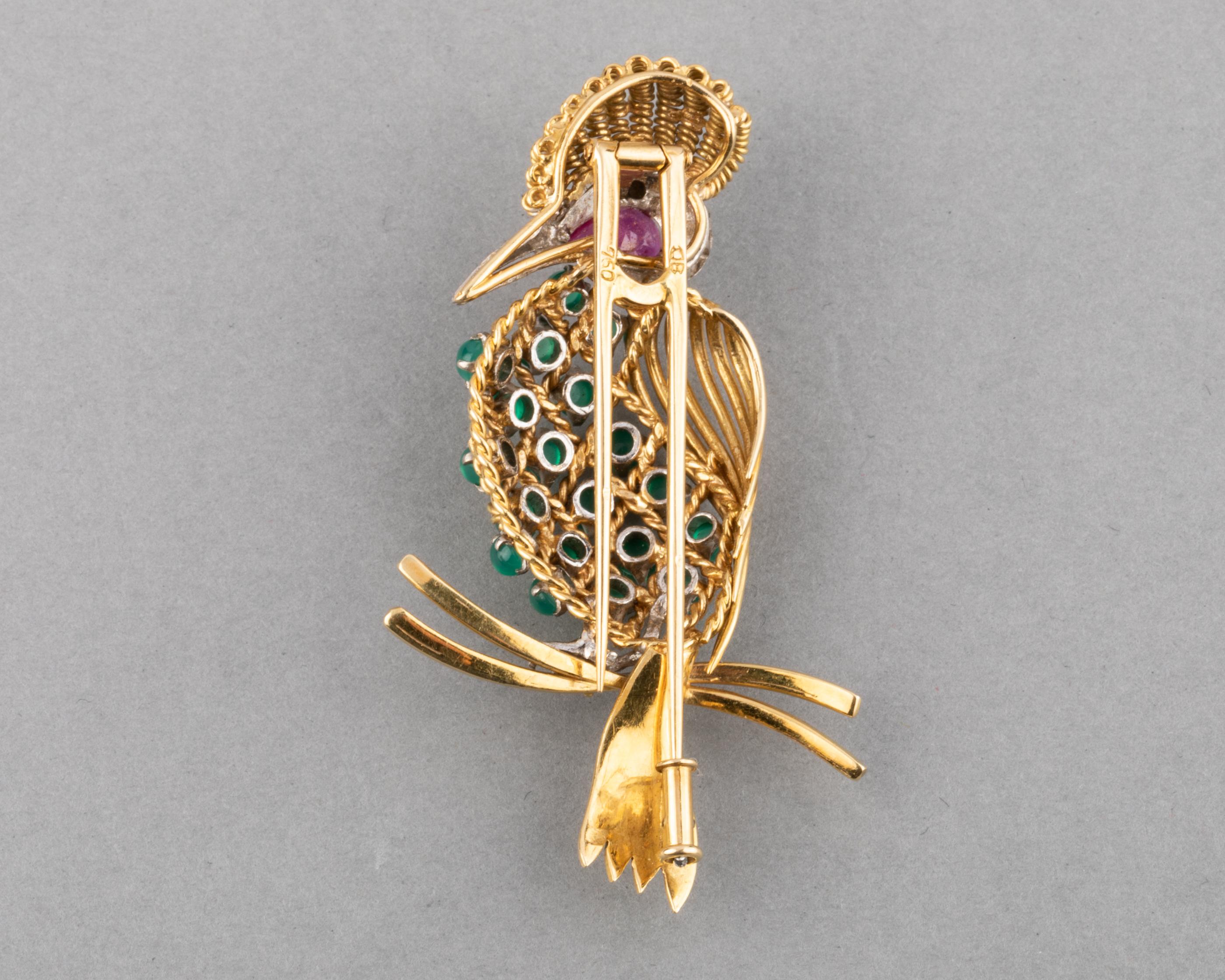 Gold Ruby Diamonds and Agate Vintage Bird Brooch 1