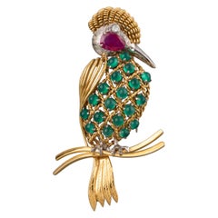 Gold Ruby Diamonds and Agate Vintage Bird Brooch