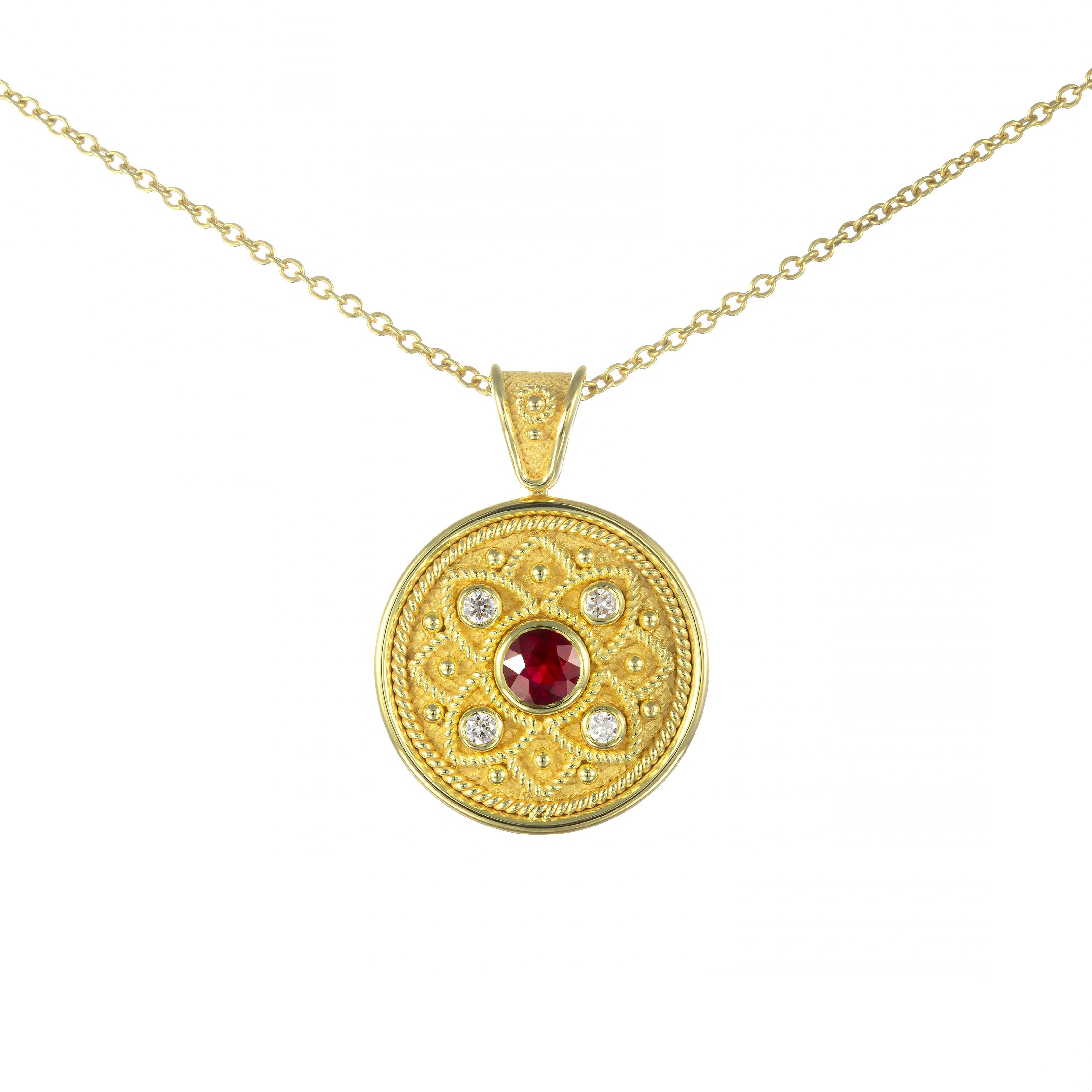 Round Cut Gold Ruby Pendant with Diamonds For Sale