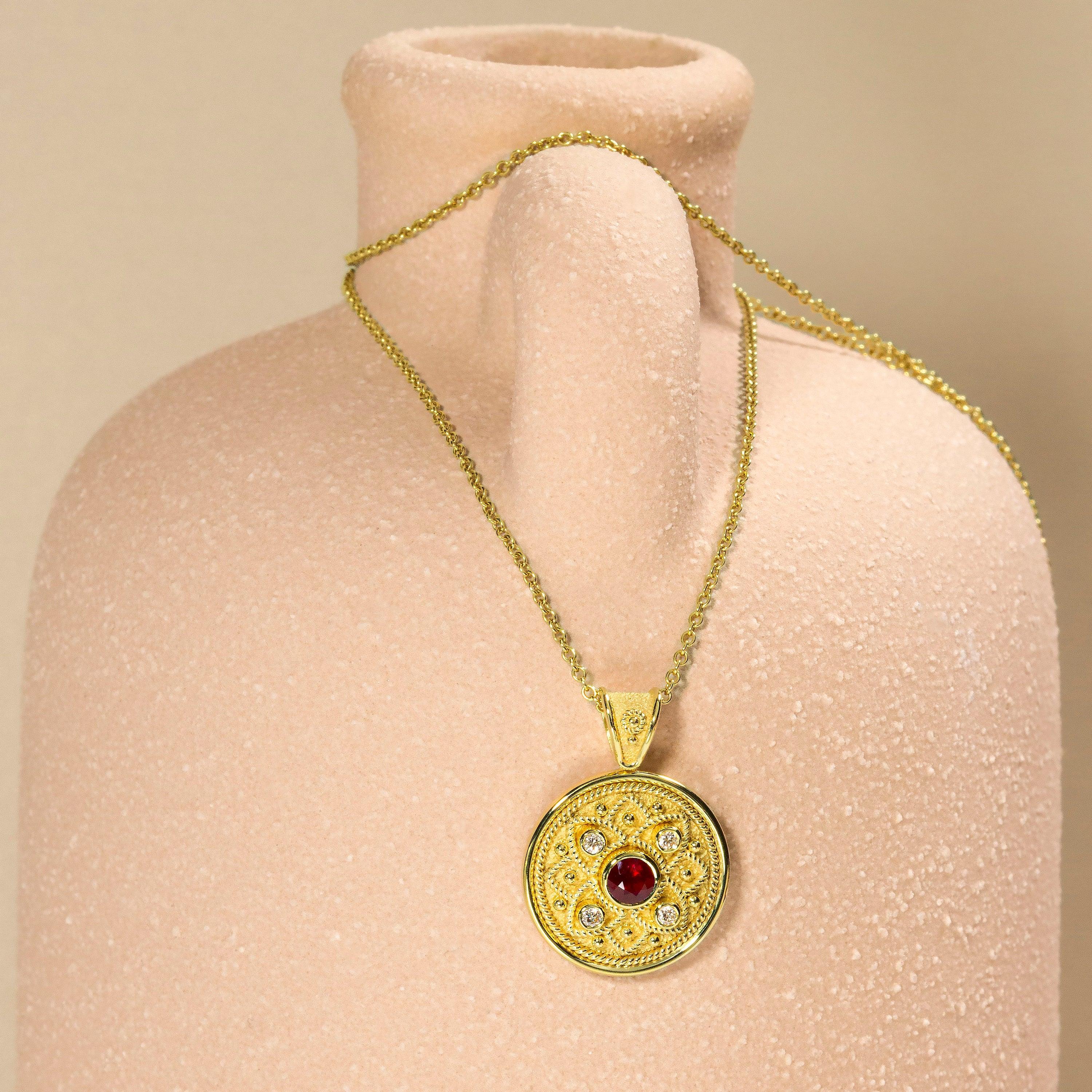 Gold Ruby Pendant with Diamonds In New Condition For Sale In Athens, GR
