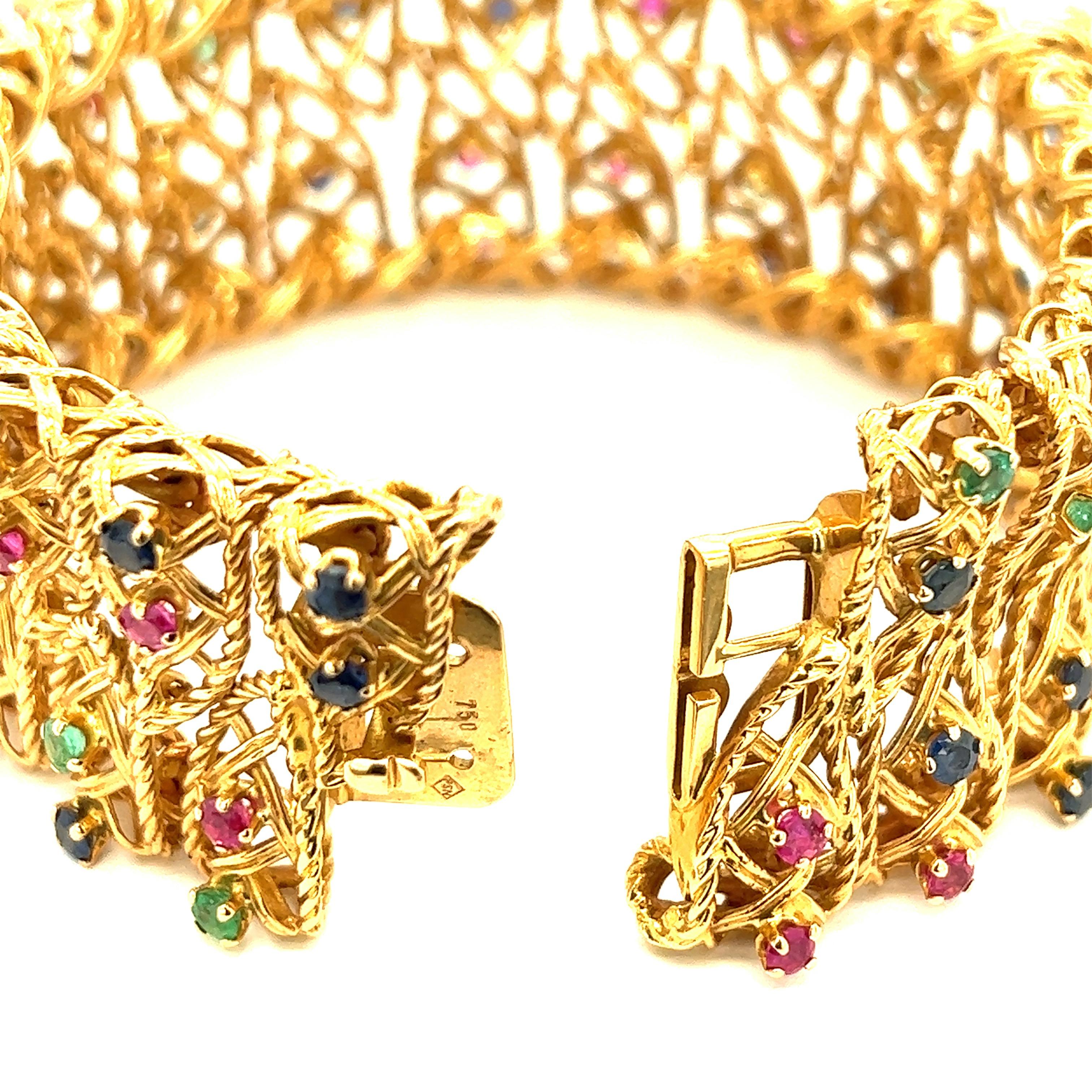 Gold, Ruby, Sapphire and Emerald Bracelet For Sale 1