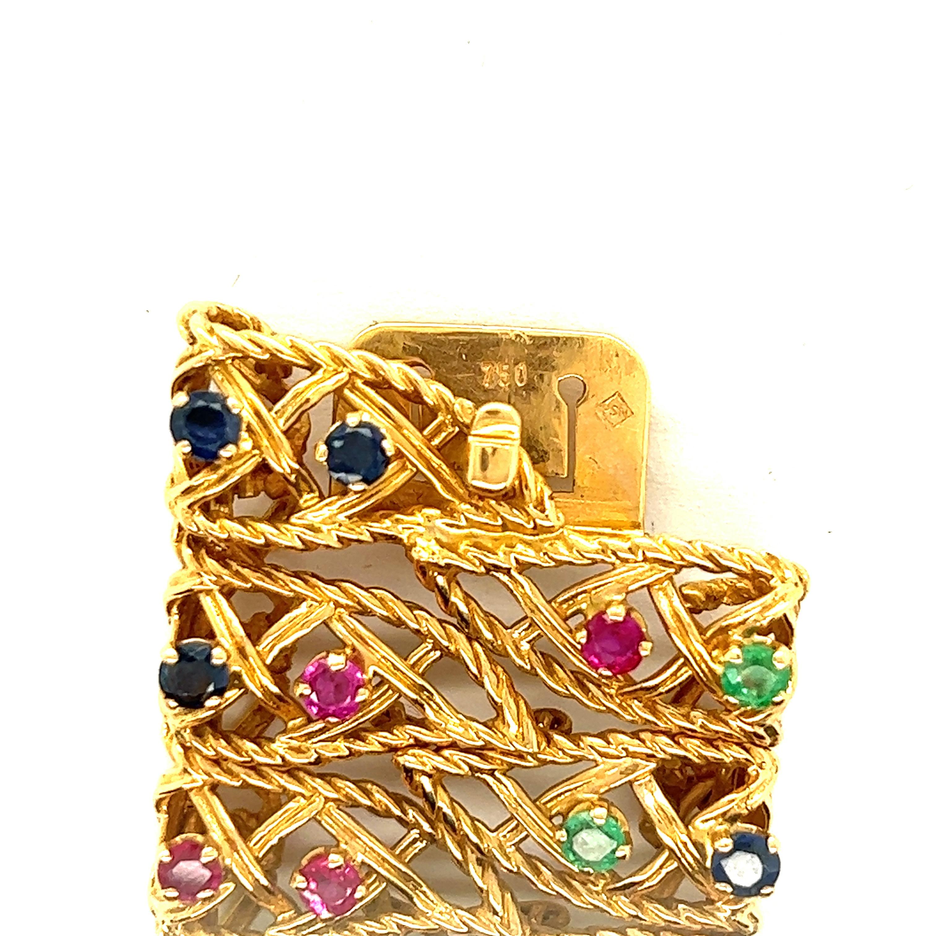 Gold, Ruby, Sapphire and Emerald Bracelet For Sale 2