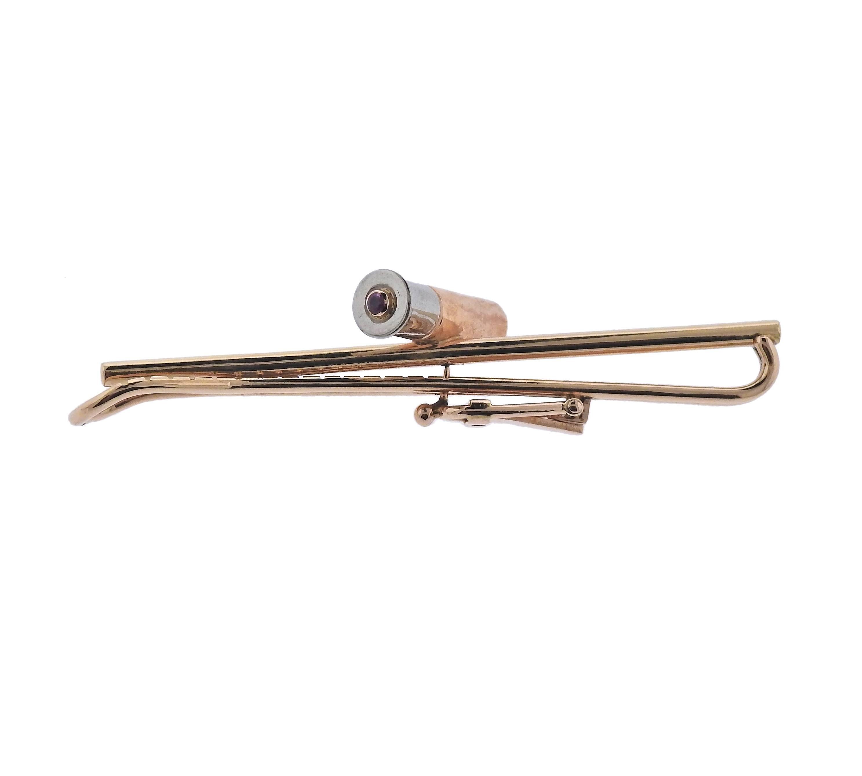 18k yellow and white gold shotgun tie bar clip. Clip measures 58mm x 18mm, weight is 9.2 grams. Marked with gold assay marks. 