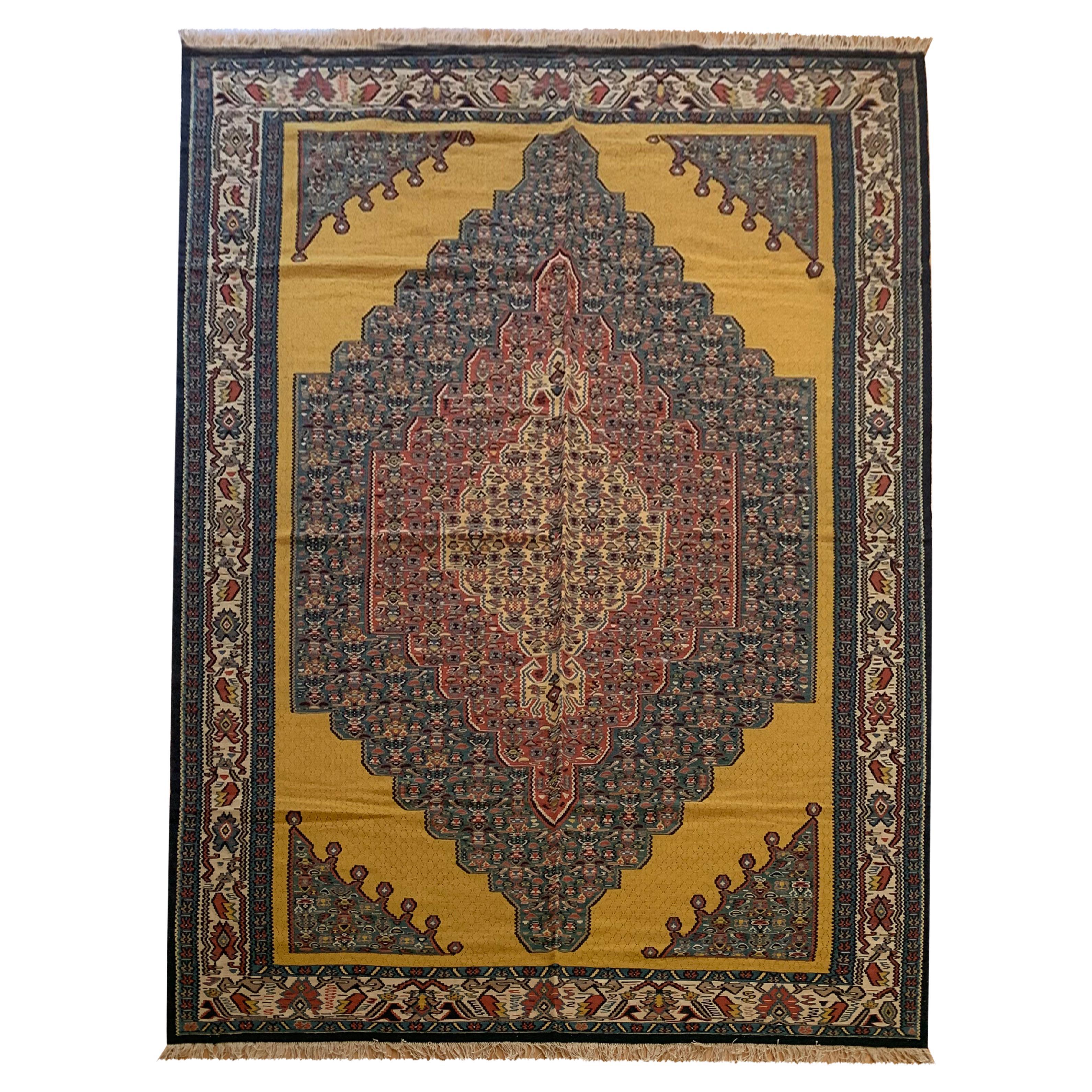 Alfombra dorada Kilim kurdo Alfombra hecha a mano Alfombra moderna de lana tejida plana