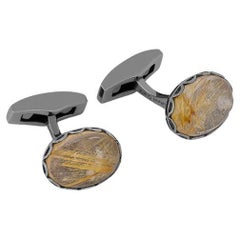 Gold Rutilated Quartz Rhodium Plated Sterling Silver Cufflinks, Limited Edition