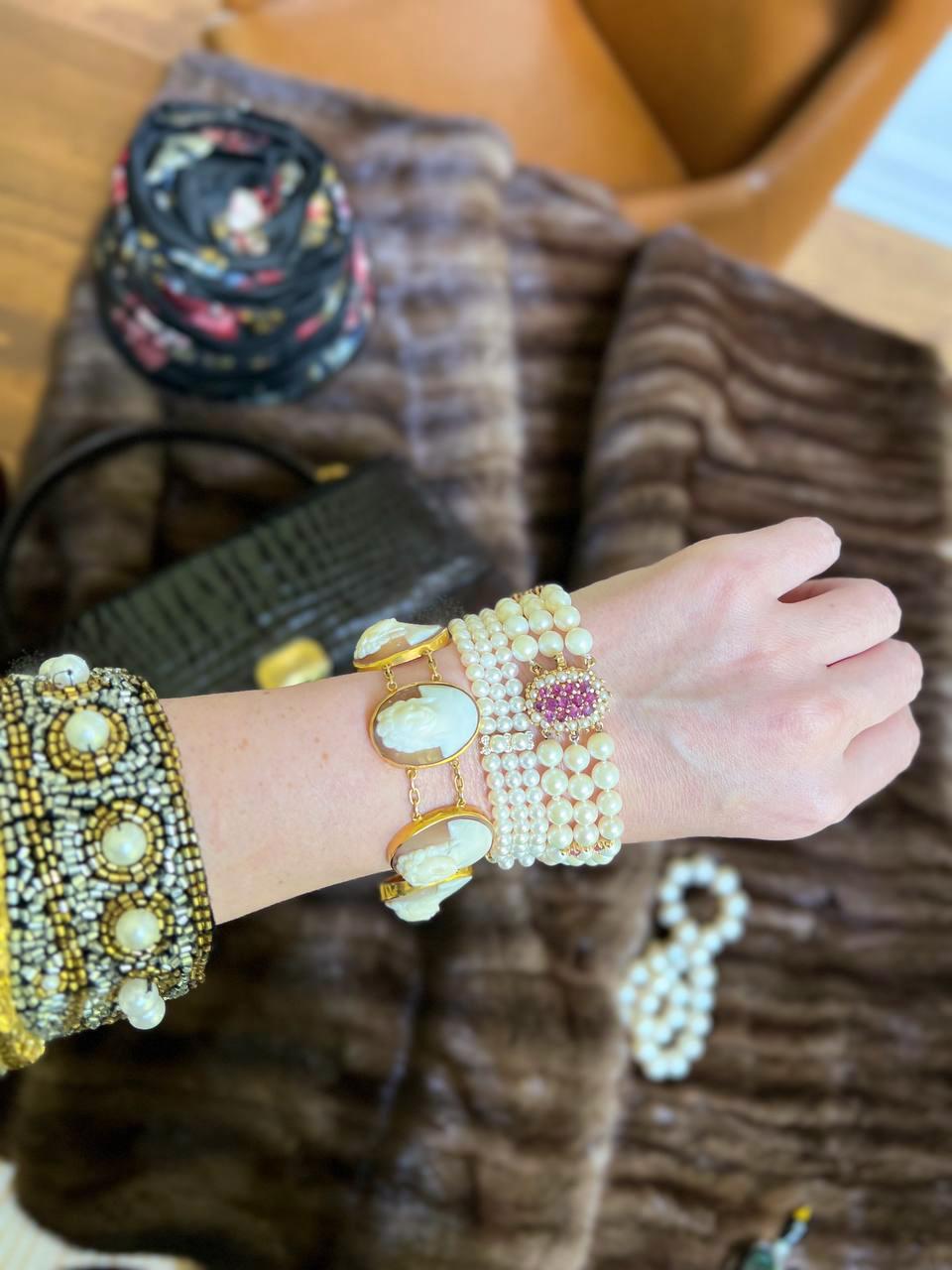 Baroque Gold, sapphire and pearl multistrand bracelet For Sale