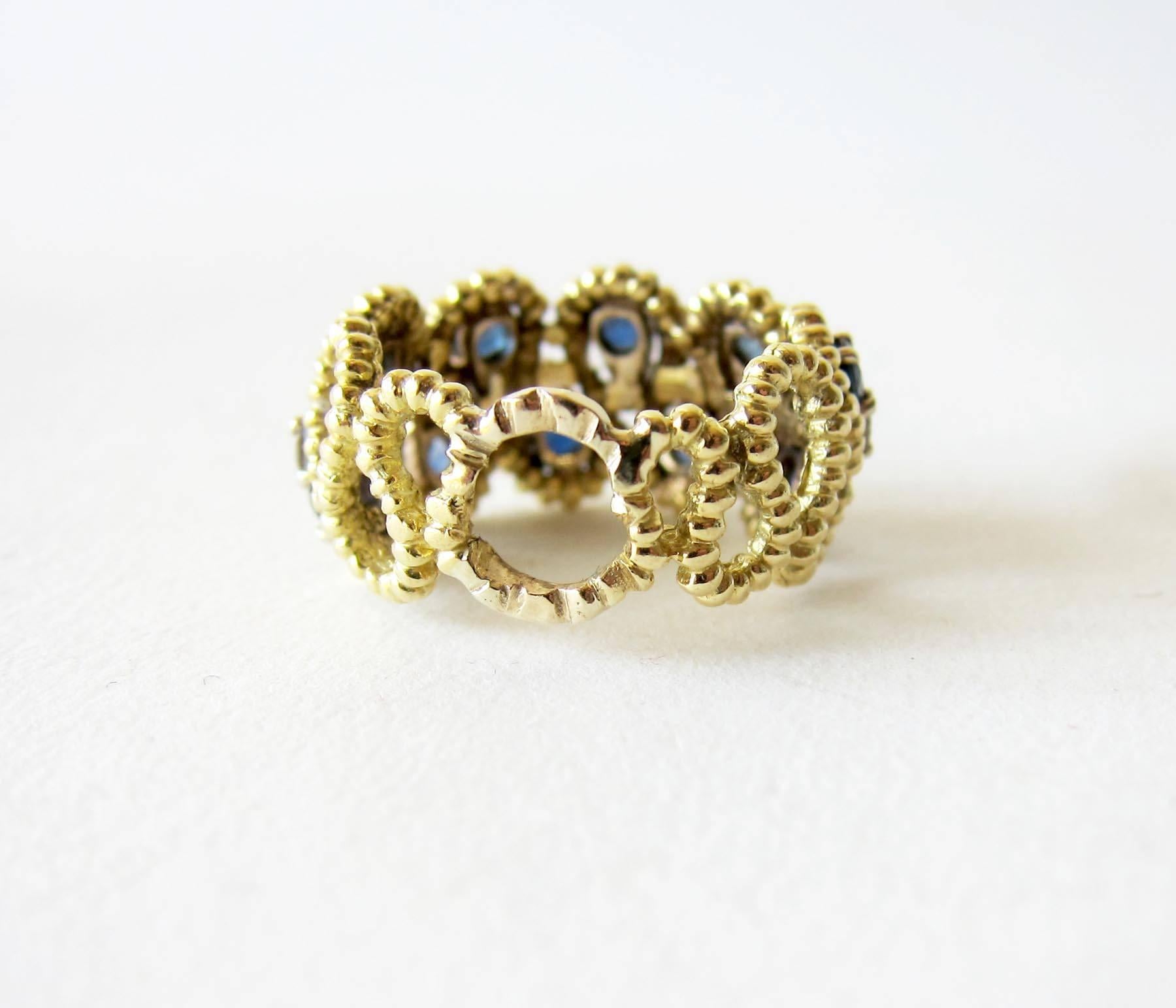Gold Lattice Blue Sapphire Diamond Modernist Cocktail Ring In Good Condition In Palm Springs, CA