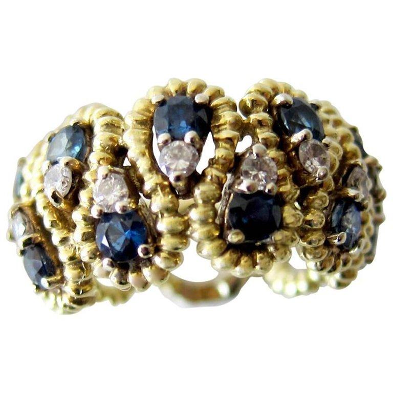 Women's Gold Lattice Blue Sapphire Diamond Modernist Cocktail Ring