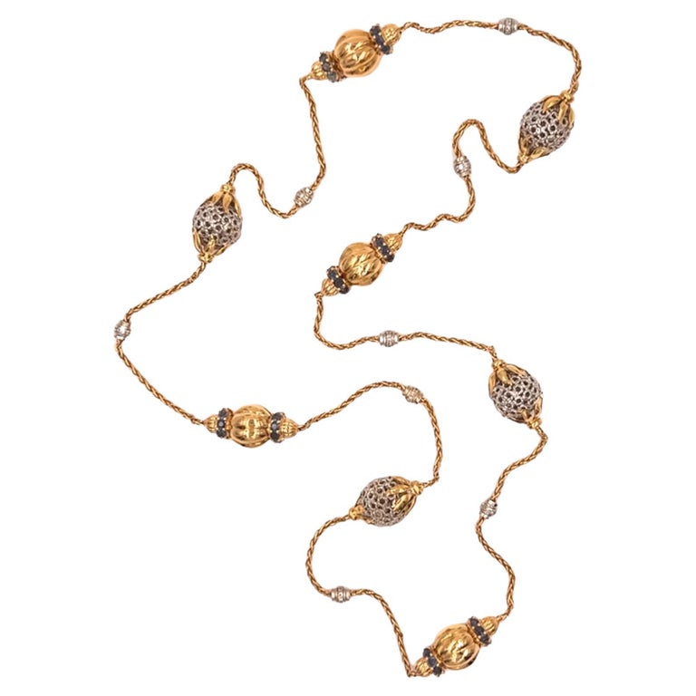 Gold Sapphire Diamond Long Chain Necklace For Sale at 1stDibs
