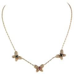 Gold Sapphire, Ruby and Diamond Butterfly Necklace