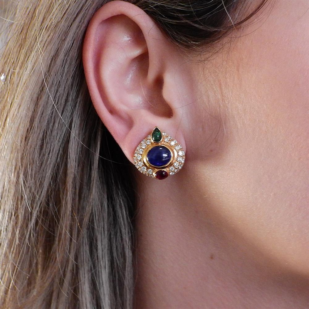 Gold Sapphire Ruby Emerald Diamond Earrings In Excellent Condition For Sale In New York, NY