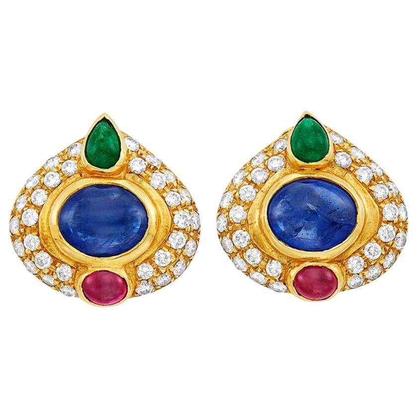 Gold Sapphire Ruby Emerald Diamond Earrings For Sale