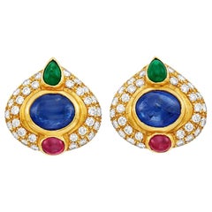 Vintage Gold Sapphire Ruby Emerald Diamond Earrings