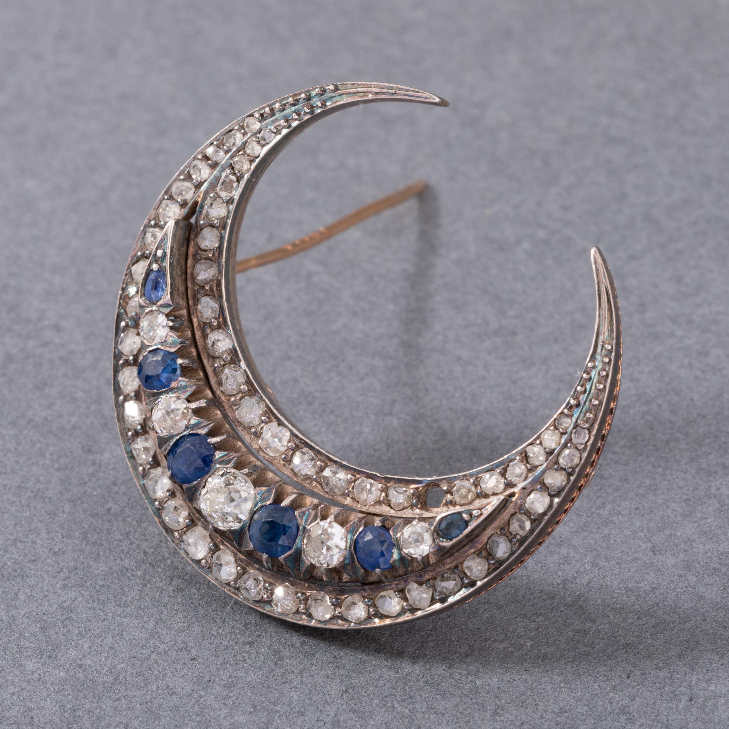 Old European Cut Gold Sapphires and Diamonds French Antique Crescent For Sale