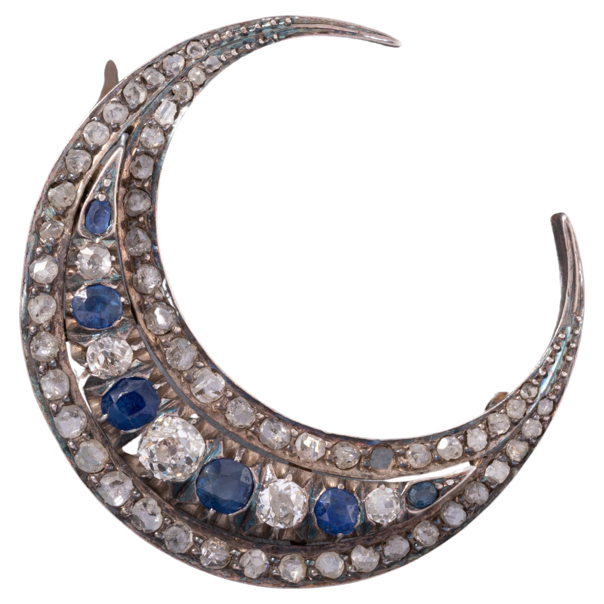 Gold Sapphires and Diamonds French Antique Crescent For Sale