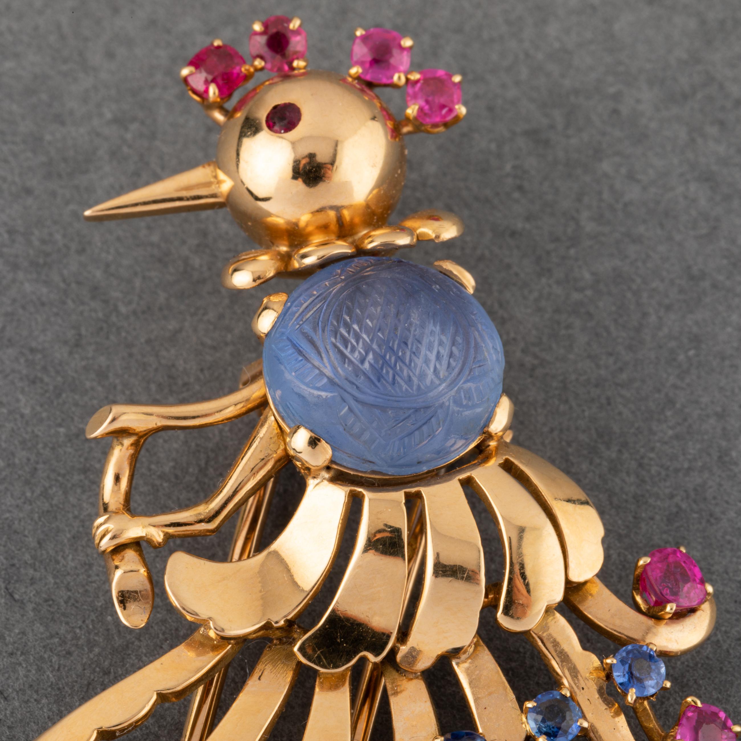 Cabochon Gold Sapphires and Rubies French Vintage Bird Brooch For Sale