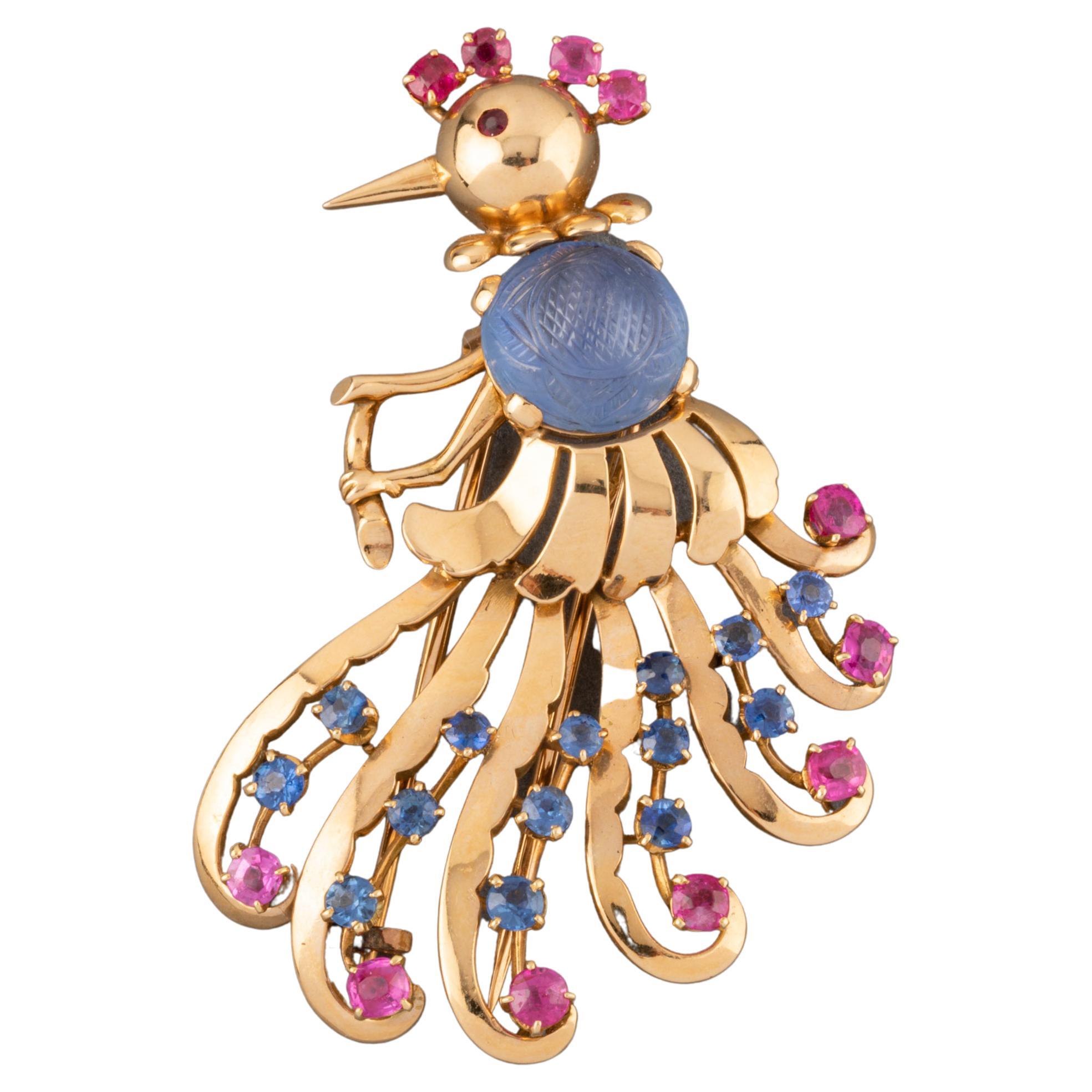 Gold Sapphires and Rubies French Vintage Bird Brooch For Sale