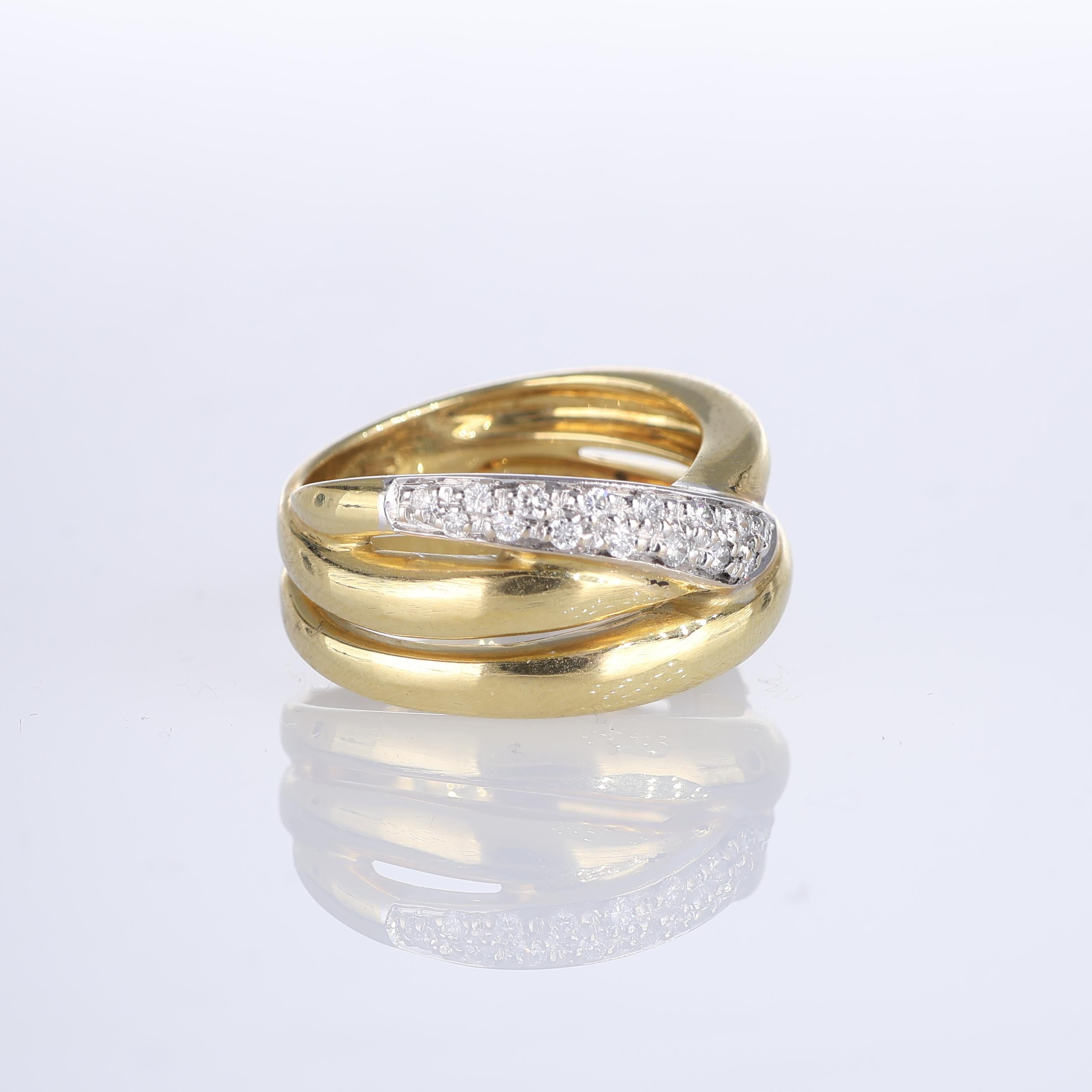 Brilliant Cut Gold Satin-Finish Crossover Band with White Gold Diamond Accent For Sale