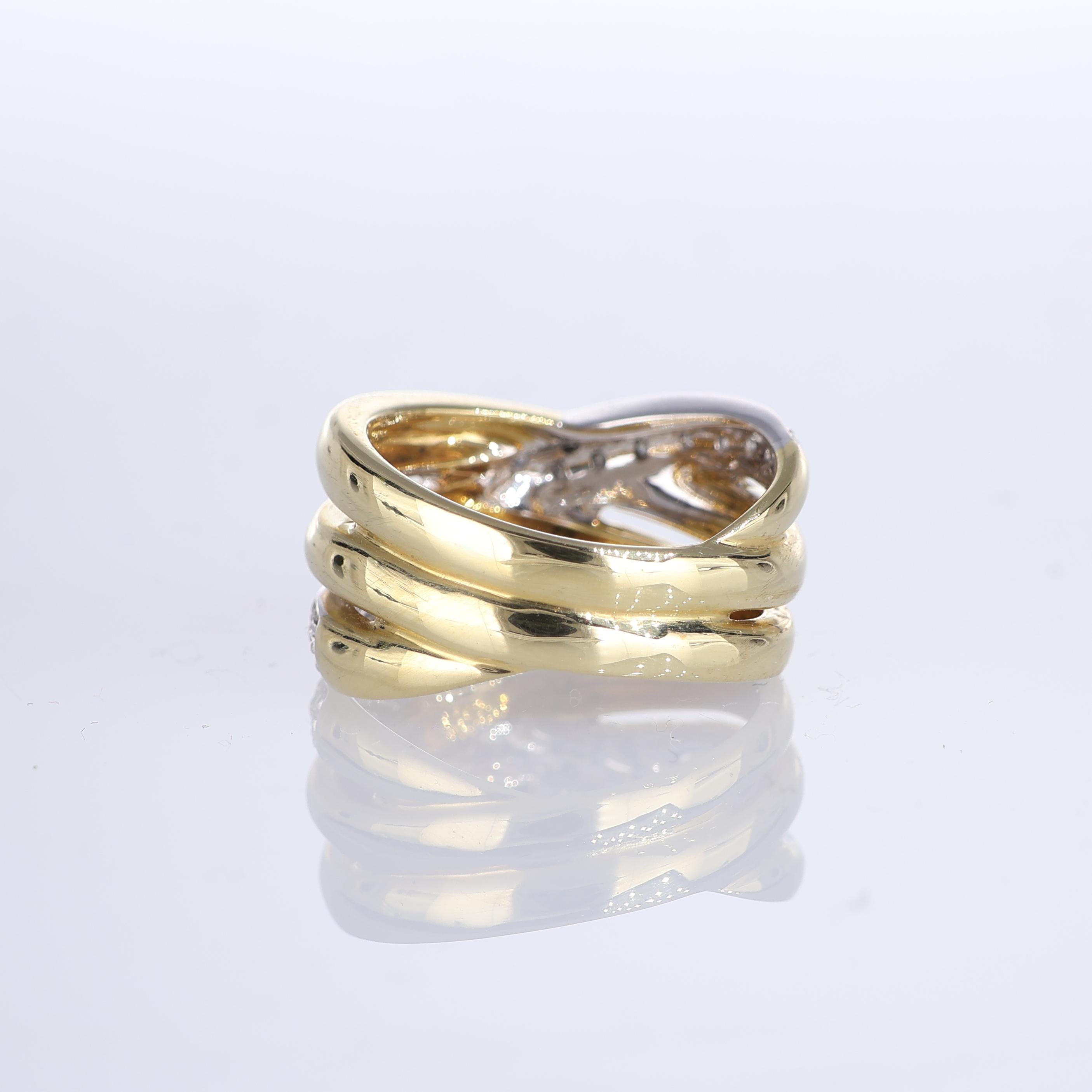 Women's or Men's Gold Satin-Finish Crossover Band with White Gold Diamond Accent For Sale