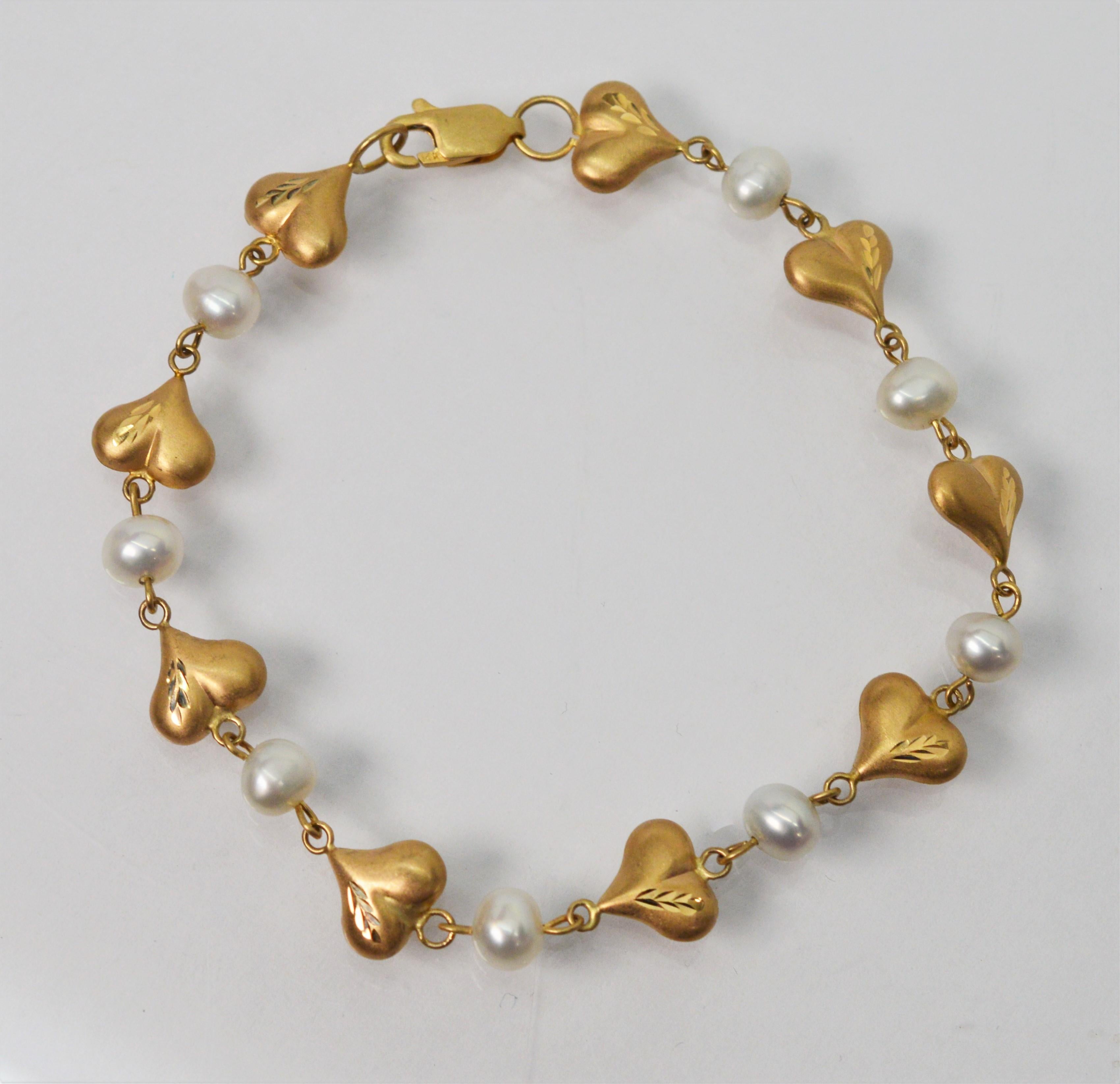 Round Cut 14 Karat Satin Yellow Gold Heart Puff Charm Necklace Bracelet Set