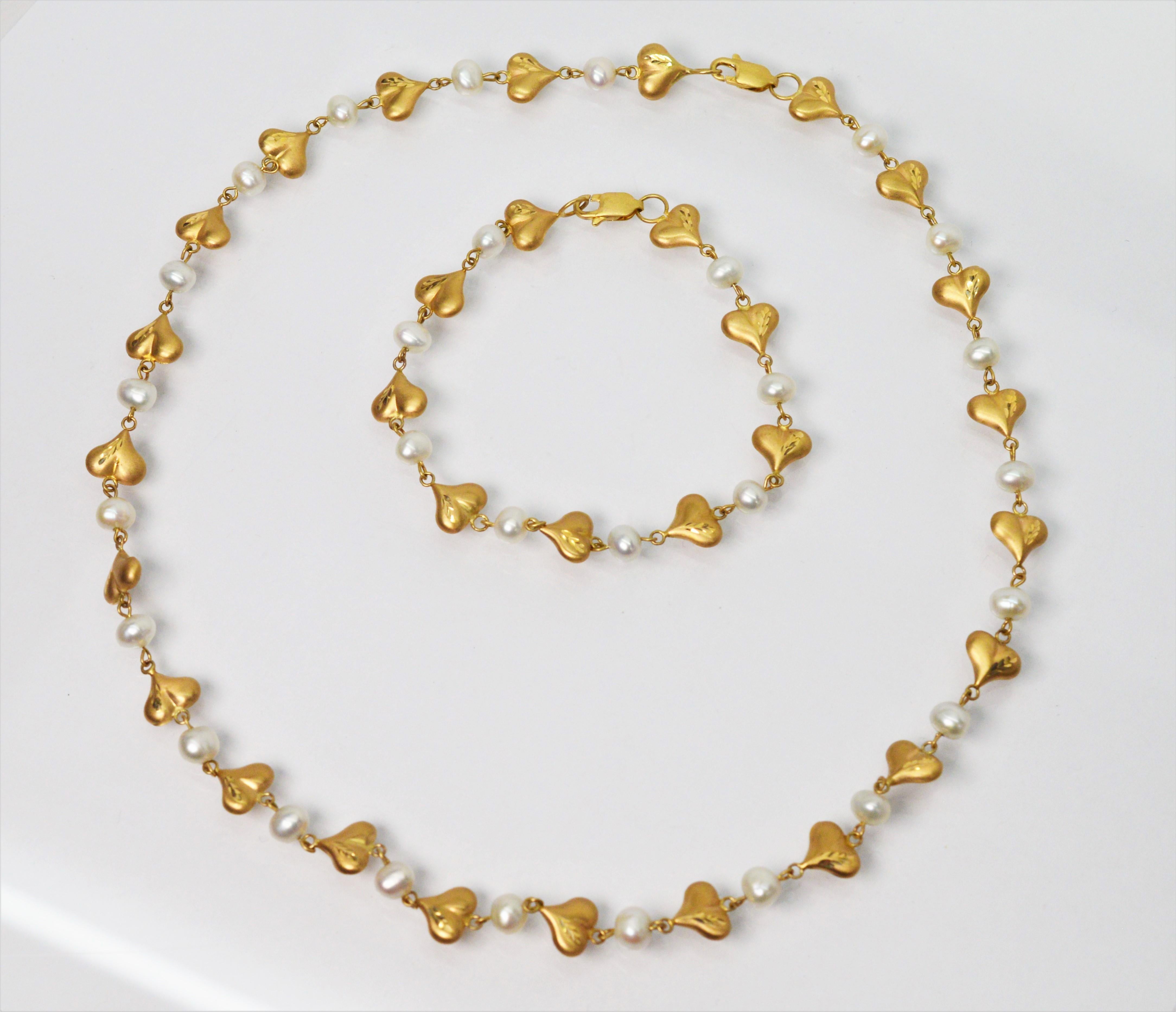 14 Karat Satin Yellow Gold Heart Puff Charm Necklace Bracelet Set 1