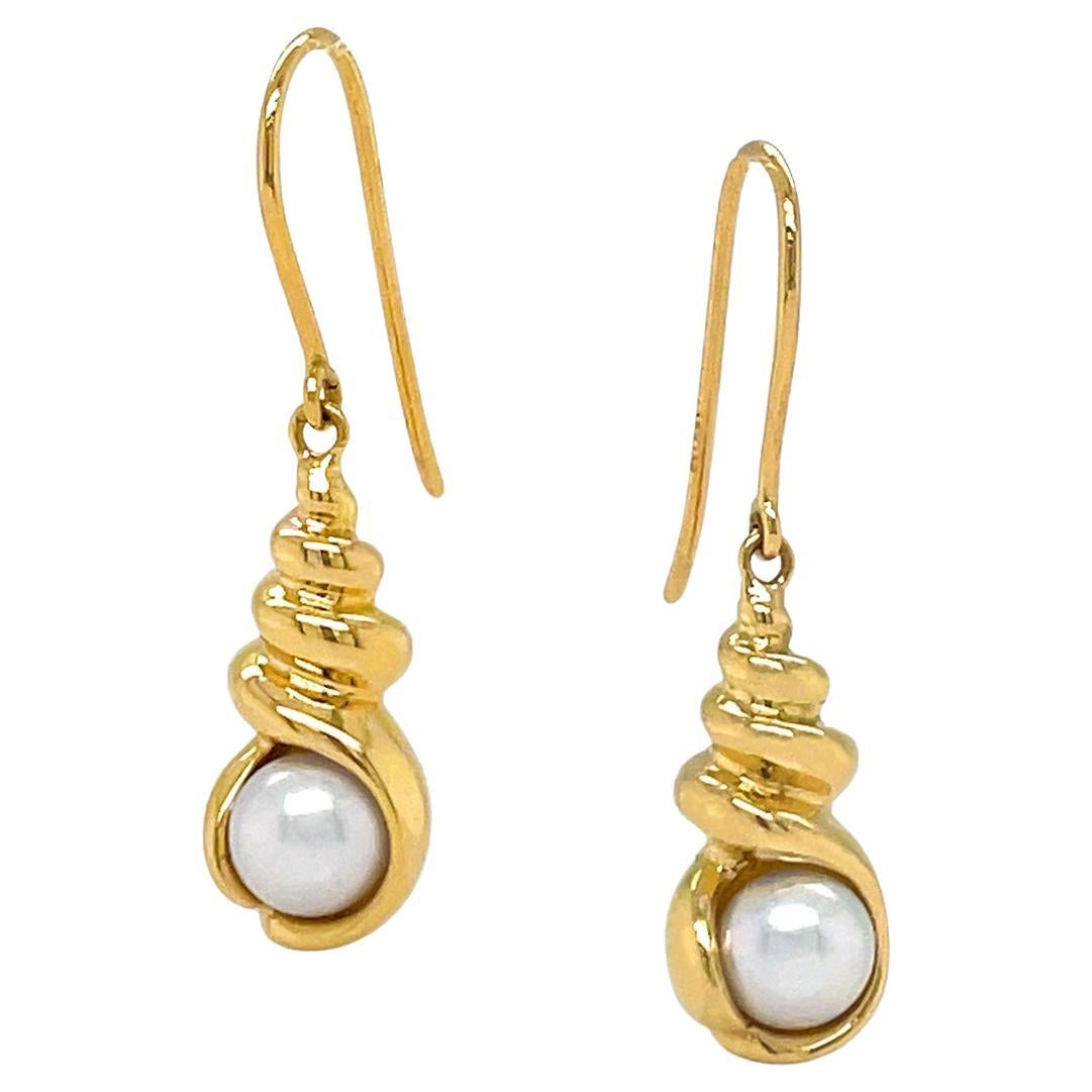 18K Yellow Gold Scallop Akoya Pearl Drop Earrings