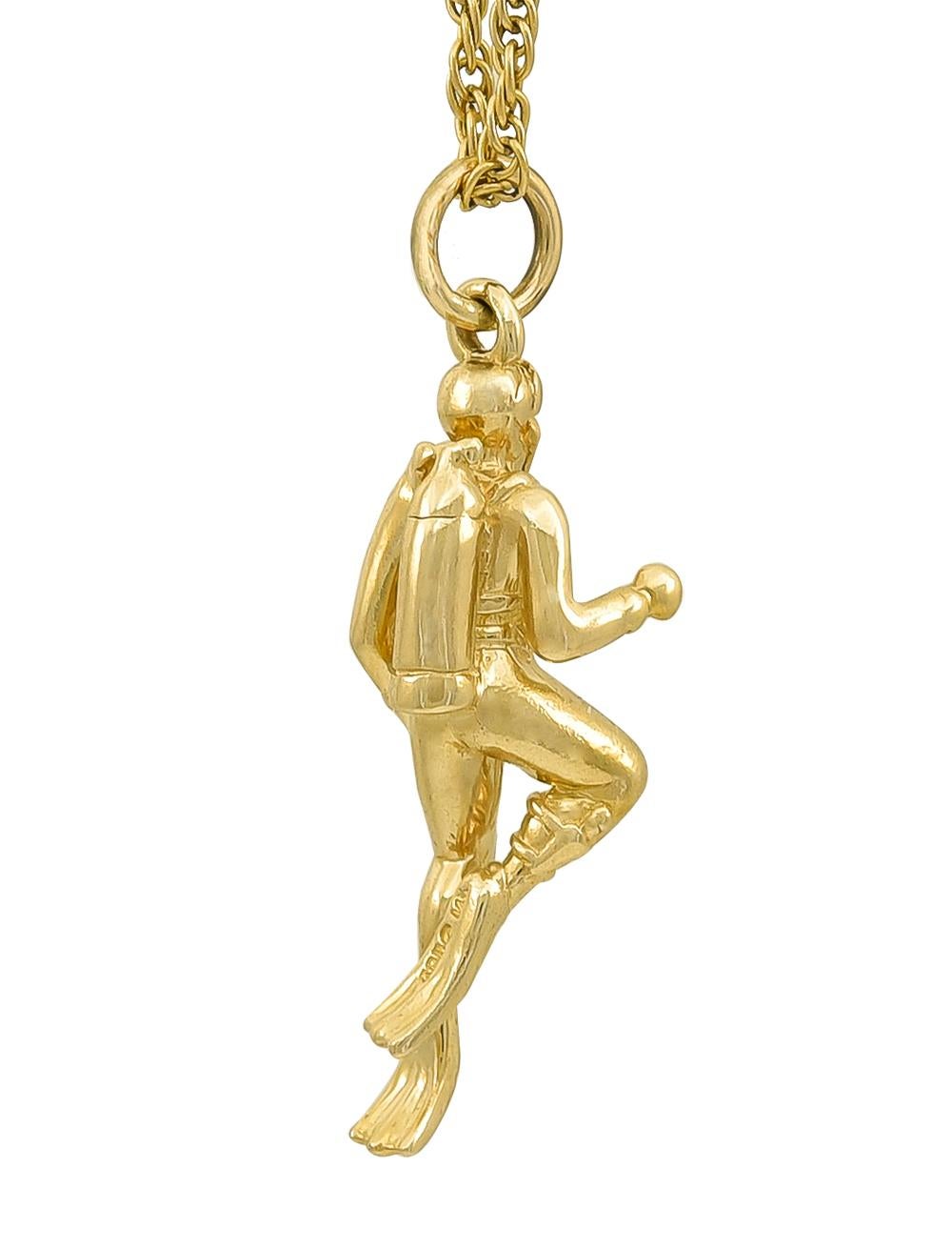 Super figural scuba diver charm, with tank and flippers.  Extra-heavy gauge 14K yellow gold.  1 1/4