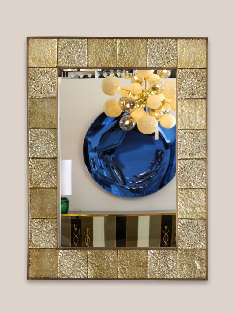 Italian Pair of Gold Sculptural Murano Glass and Brass Rectangular Mirrors, Italy For Sale