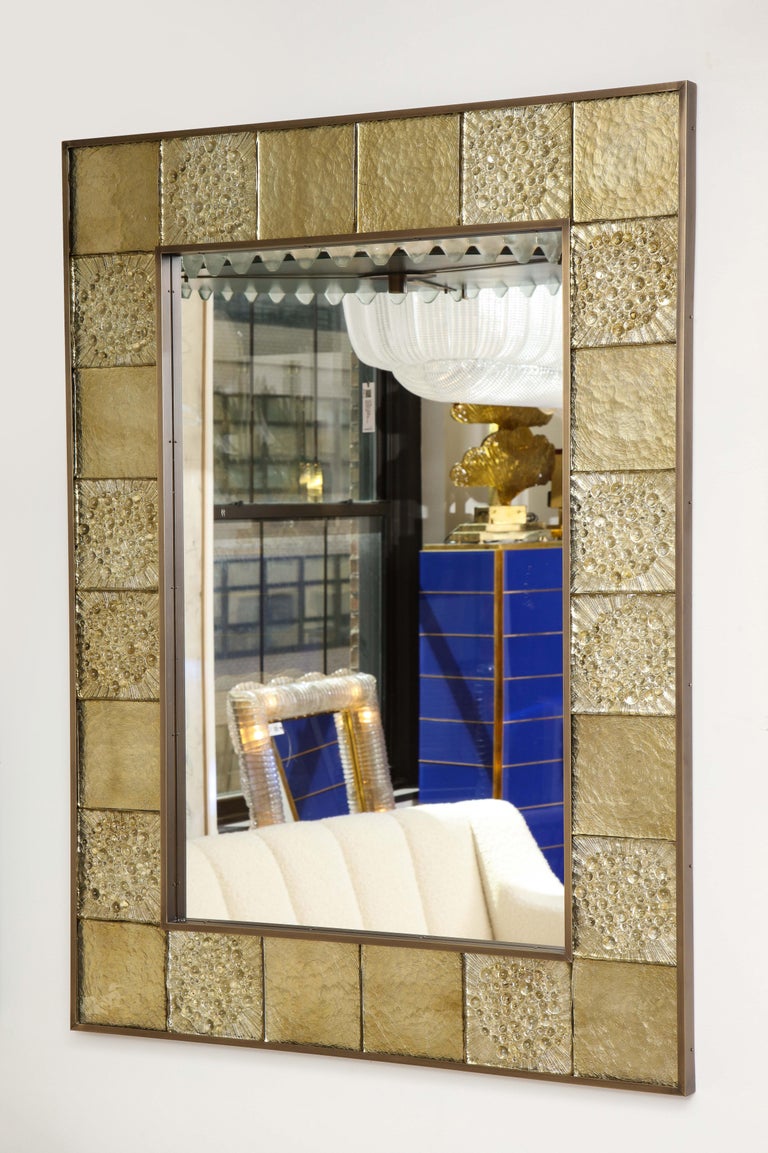 Hand-Crafted Pair of Gold Sculptural Murano Glass and Brass Rectangular Mirrors, Italy For Sale