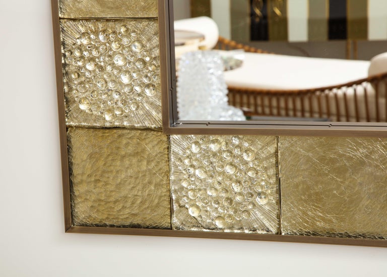 Pair of Gold Sculptural Murano Glass and Brass Rectangular Mirrors, Italy In New Condition For Sale In New York, NY