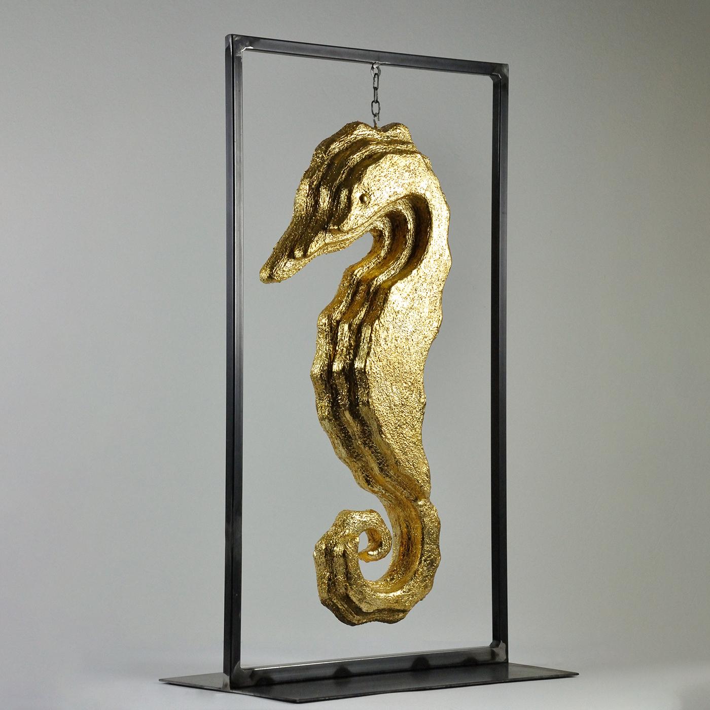 Italian Gold Seahorse Framed Scultpure For Sale