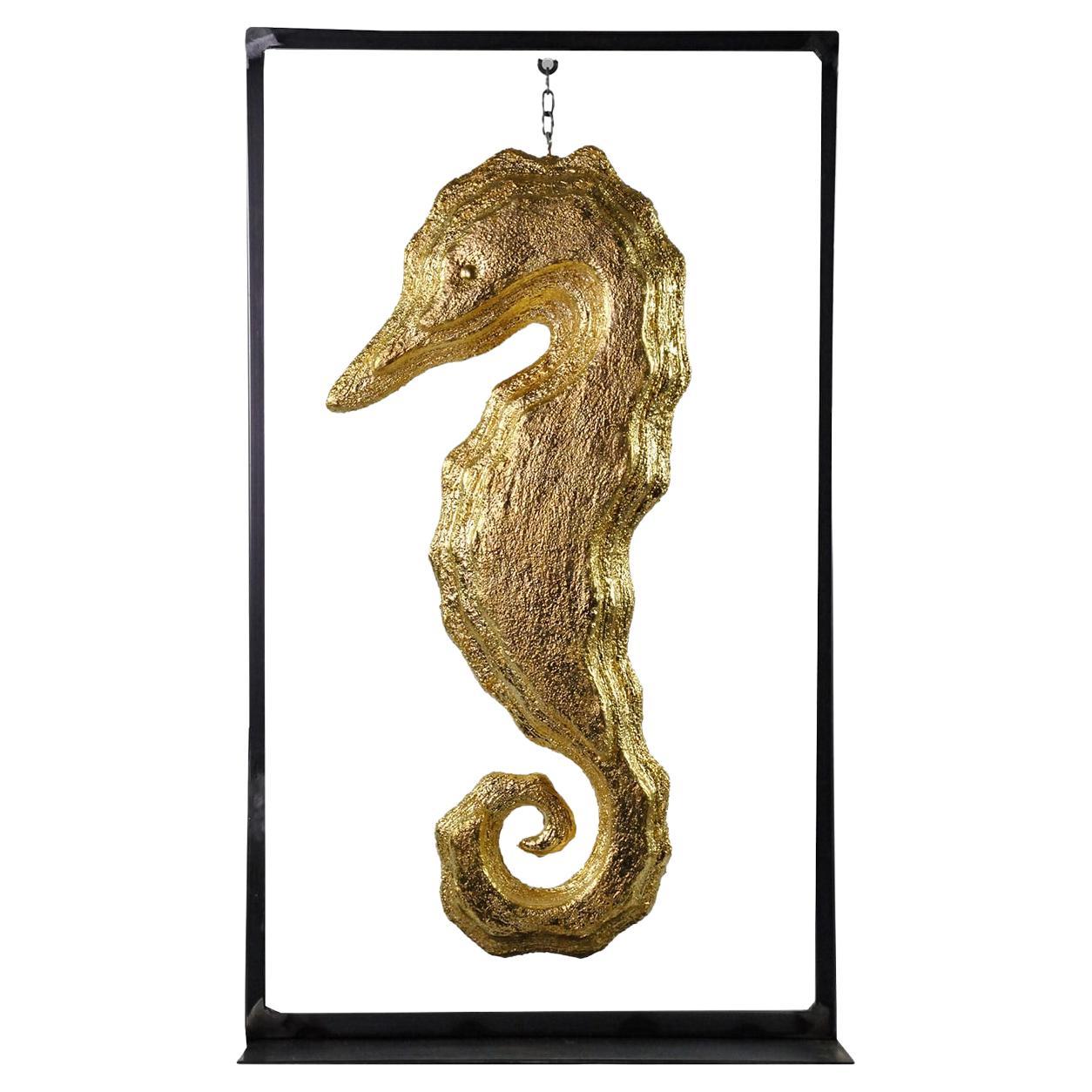 Gold Seahorse Framed Scultpure For Sale