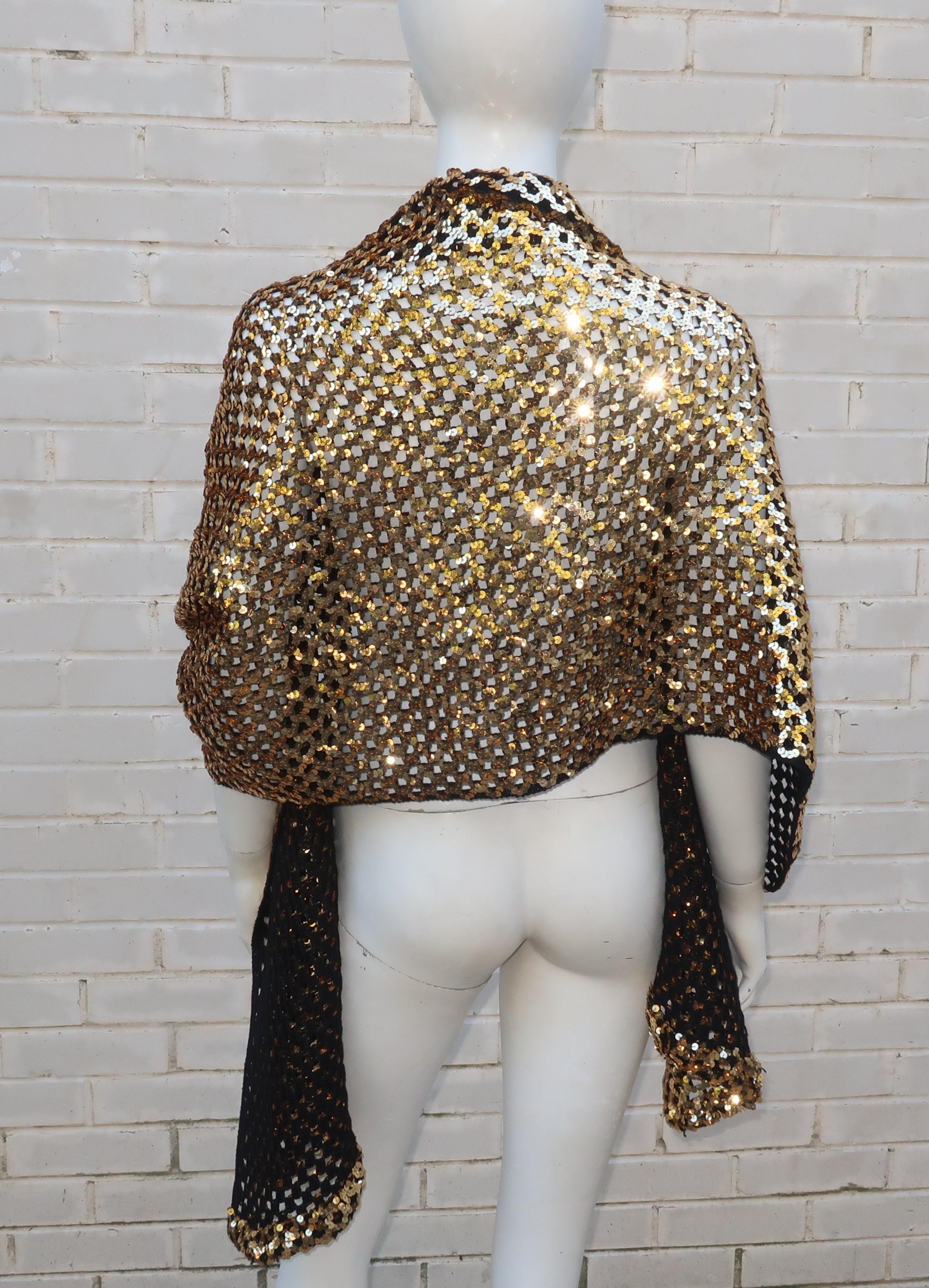 Gold Sequin Black Crochet Knit Scarf Shawl Wrap In Good Condition In Atlanta, GA
